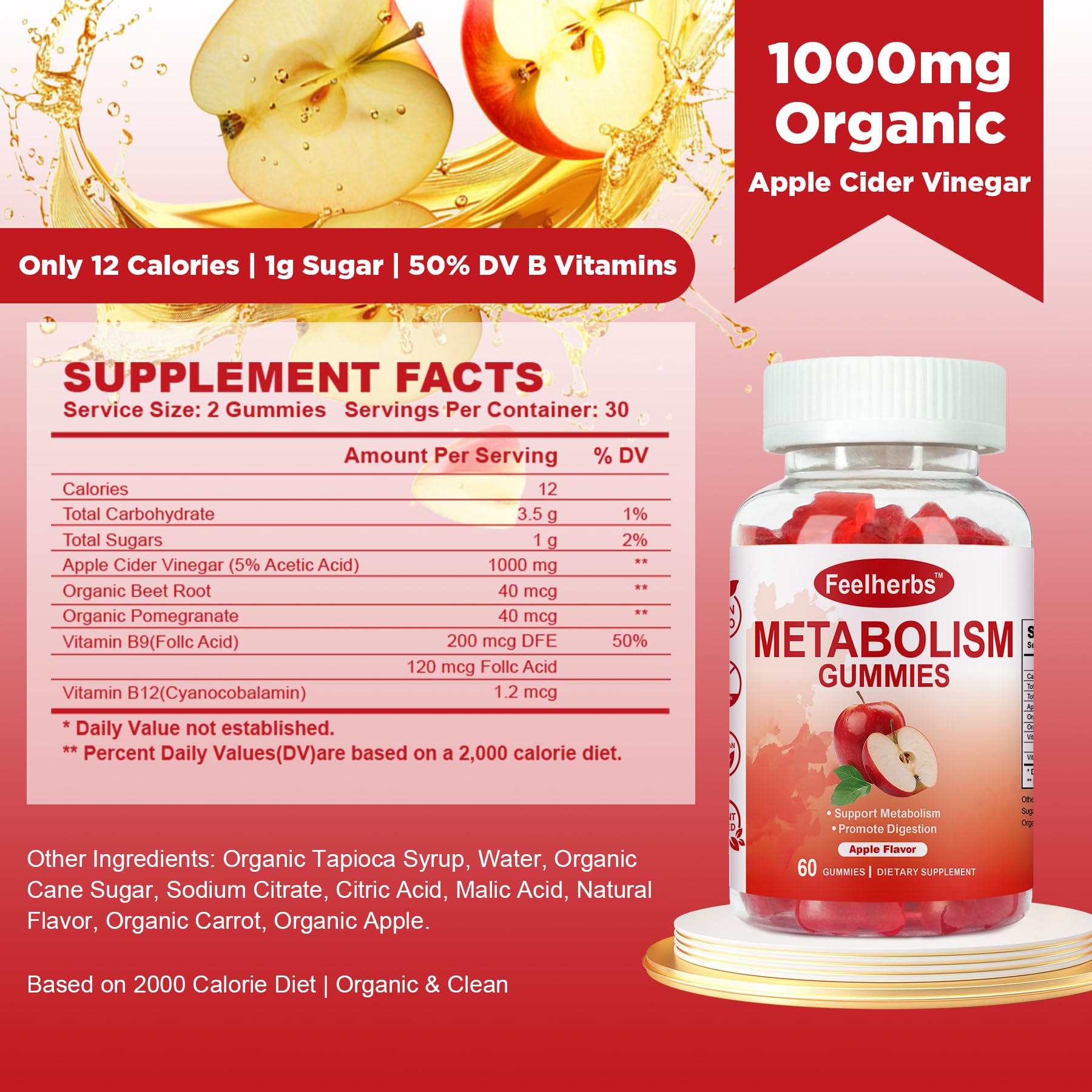 Feelherbs Metabolism Gummies for Women and Men Digestion & Energy, 60 Count Apple Cider Vinegar Gummies with Vitamin B12 & Beet Root, Chewable Keto ACV Vitamin for Metabolism & Detox Cleanse Feelherbs uk supplements