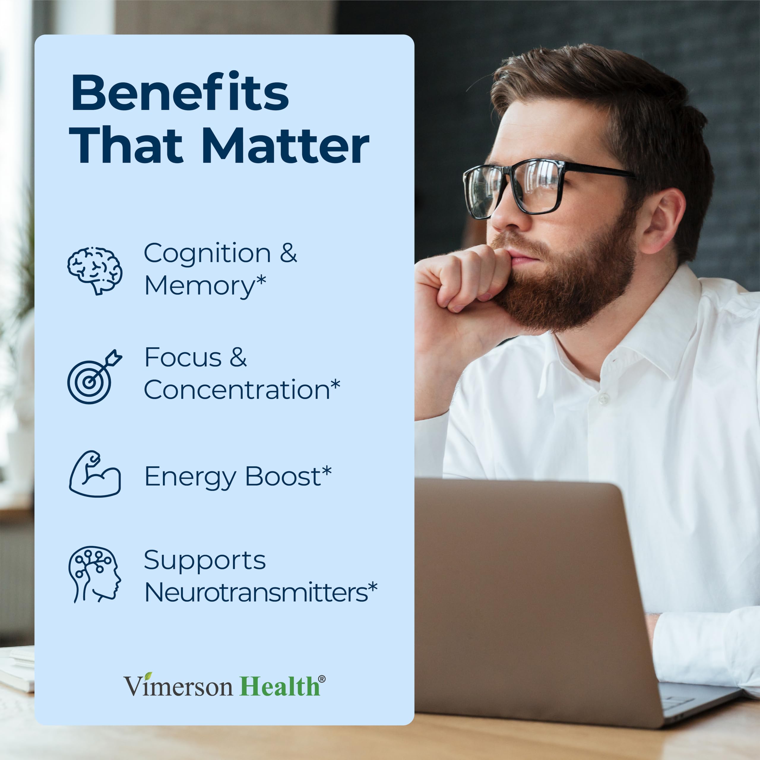 Nootropics Brain Support Supplement - Nootropic Brain Booster for Improved Focus, Concentration & Memory. Brain Nootropic for Brain Health, Mood & Energy Support. Non-GMO. Made in the USA. 60 Capsules Vimerson Health uk supplements