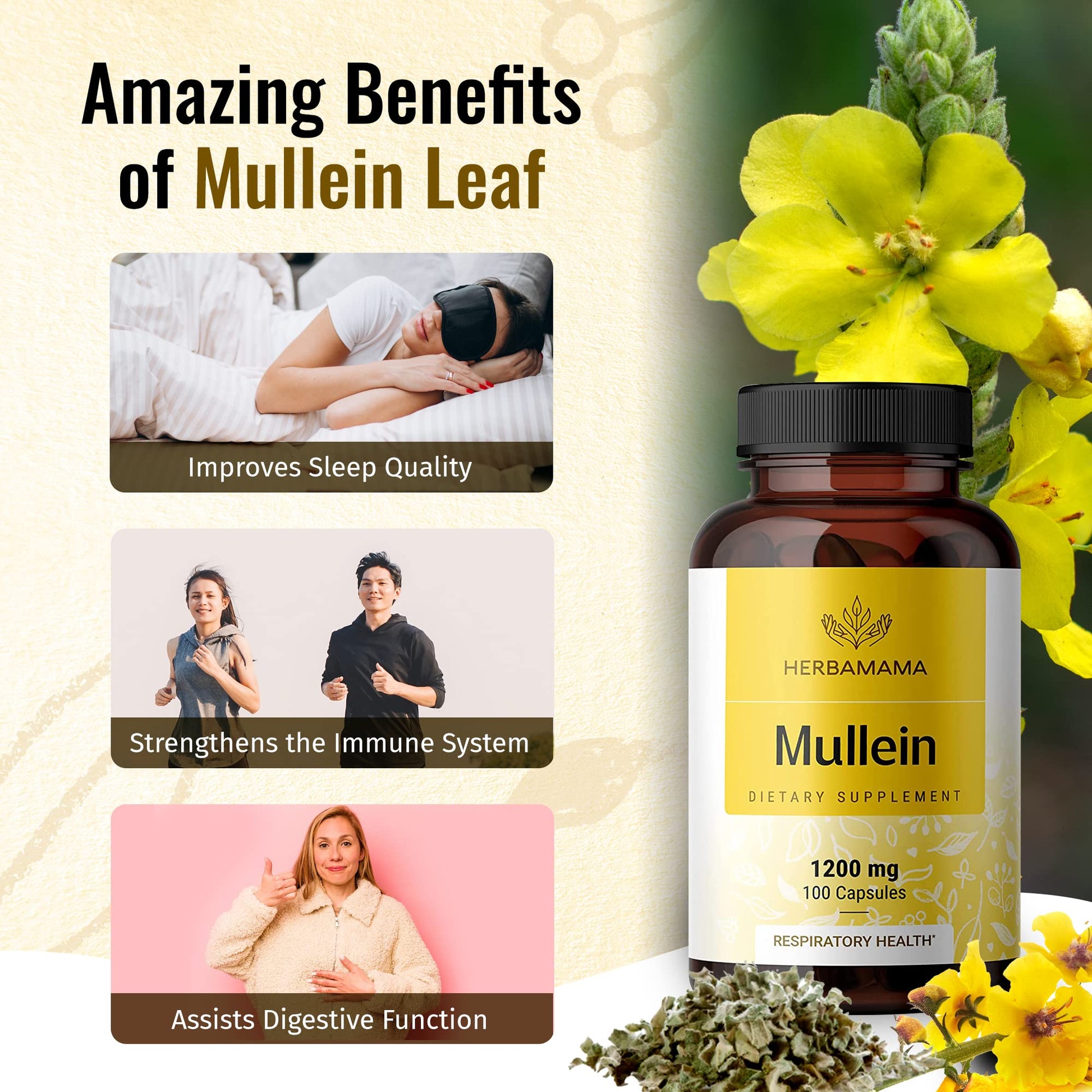 HERBAMAMA Mullein Leaf Capsules Respiratory Health - Organic Mullein Leaf Extract HERBAMAMA uk supplements