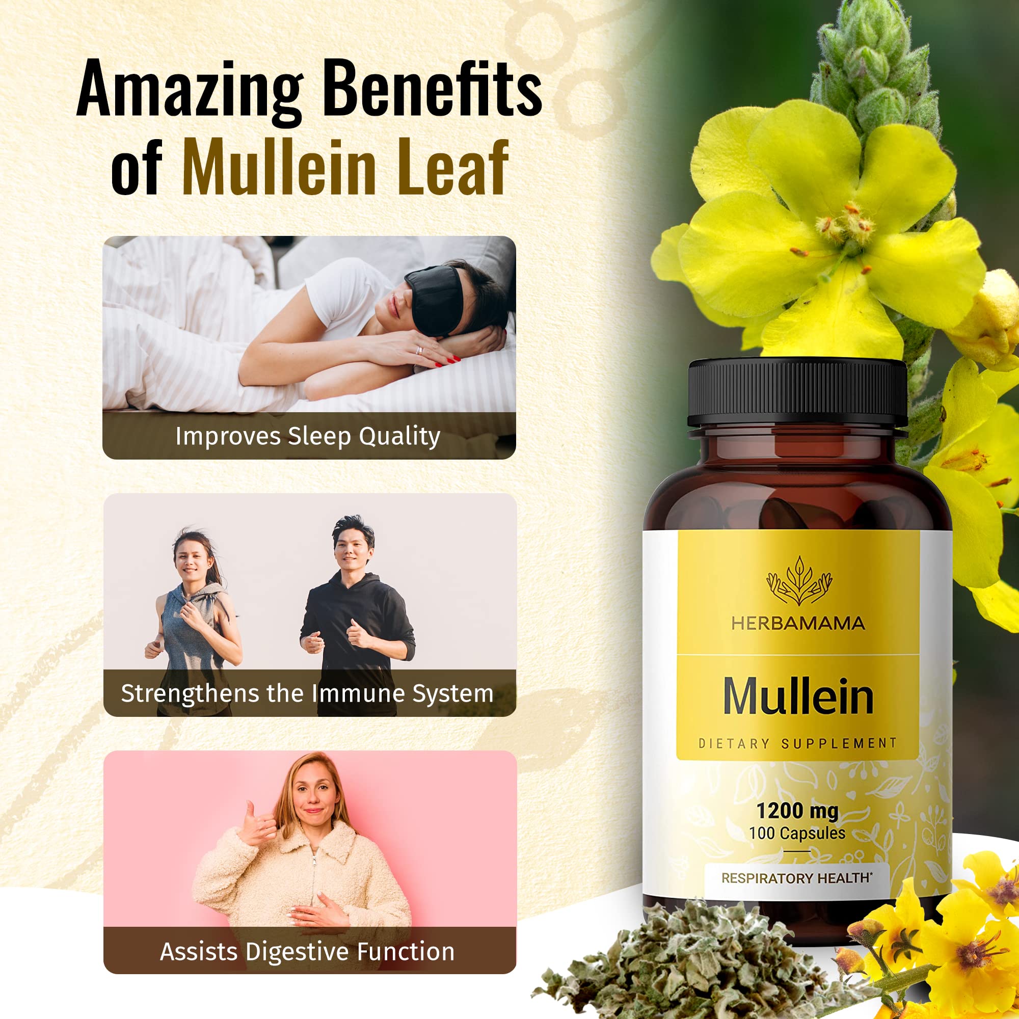 HERBAMAMA Mullein Leaf Capsules Respiratory Health - Organic Mullein Leaf Extract HERBAMAMA uk supplements