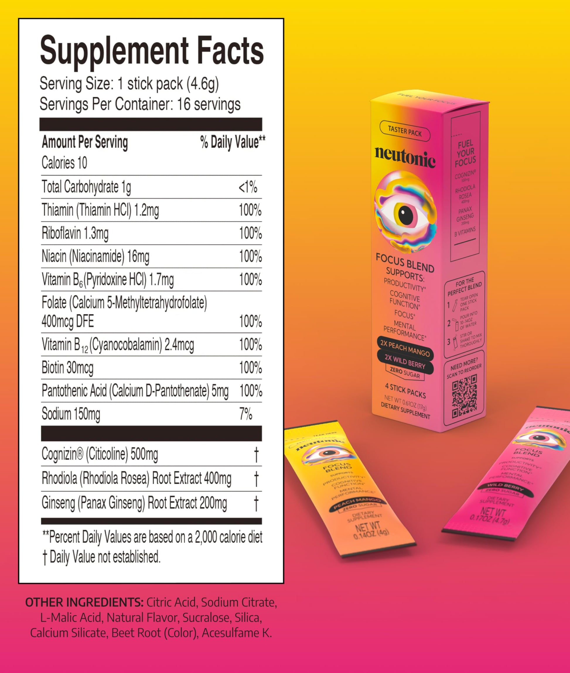 Neutonic Nootropic Focus Blend Powder | Peach Mango & Wild Berry 4 Sticks | Caffeine Free, Zero Sugar | Support Memory, Mental Clarity, Cognitive Function | Boost Focus, Energy, Brain Health Neutonic uk supplements