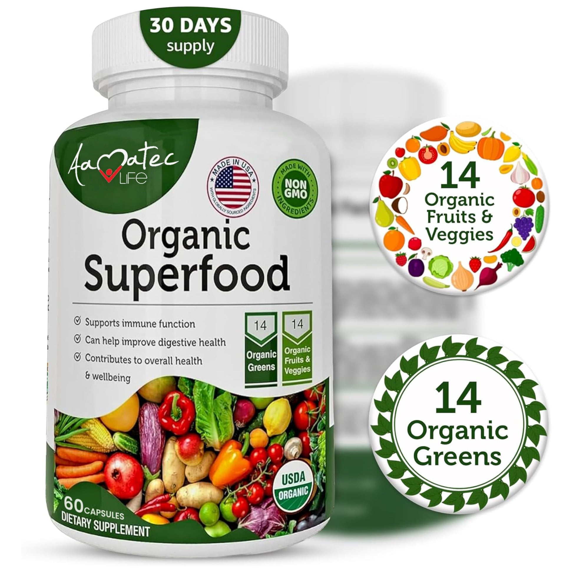 AAMATEC LIFE Organic Superfood Greens Fruits and Veggies Complex - Dietary Supplement with 14 Greens &14 Vegetables with Alfalfa Rich in Antioxidants Organic Ingredients Non-GMO (120 Count Pack of 2) AAMATEC LIFE uk supplements