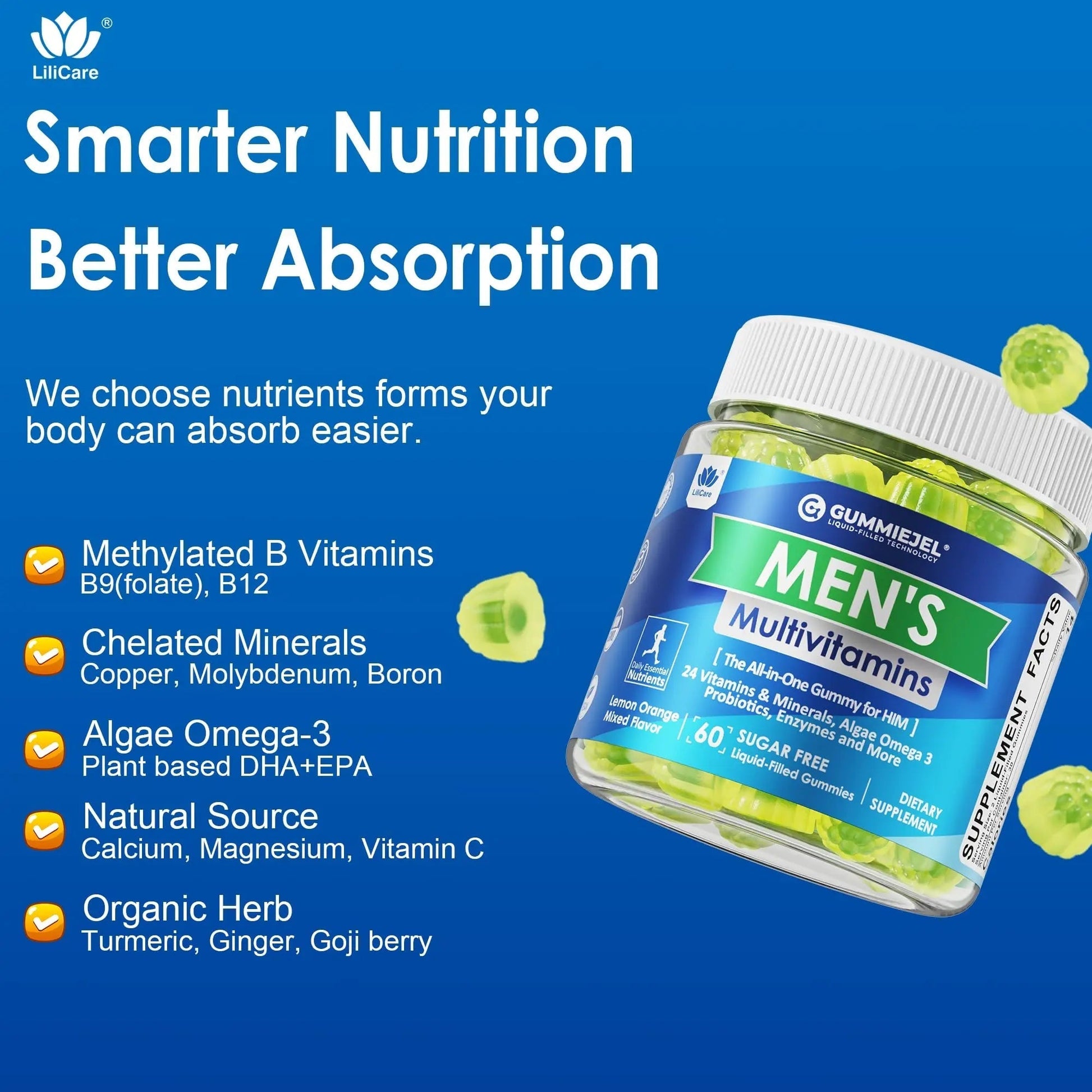Mens Multivitamins Gummies, Methylated Multivitamin for Men, B Complex, Minerals, Vegan Omega 3, Probiotic, Enzyme LILICARE uk supplements