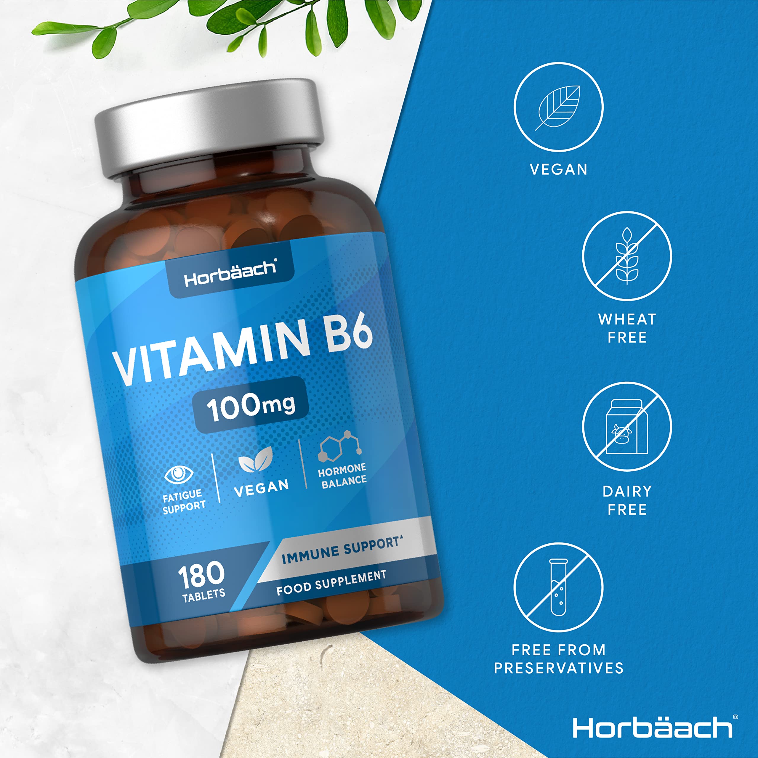 Vitamin B6 100mg | 180 High Strength Tablets | Regulation of Hormonal Activity & Fatigue Horbäach uk supplements