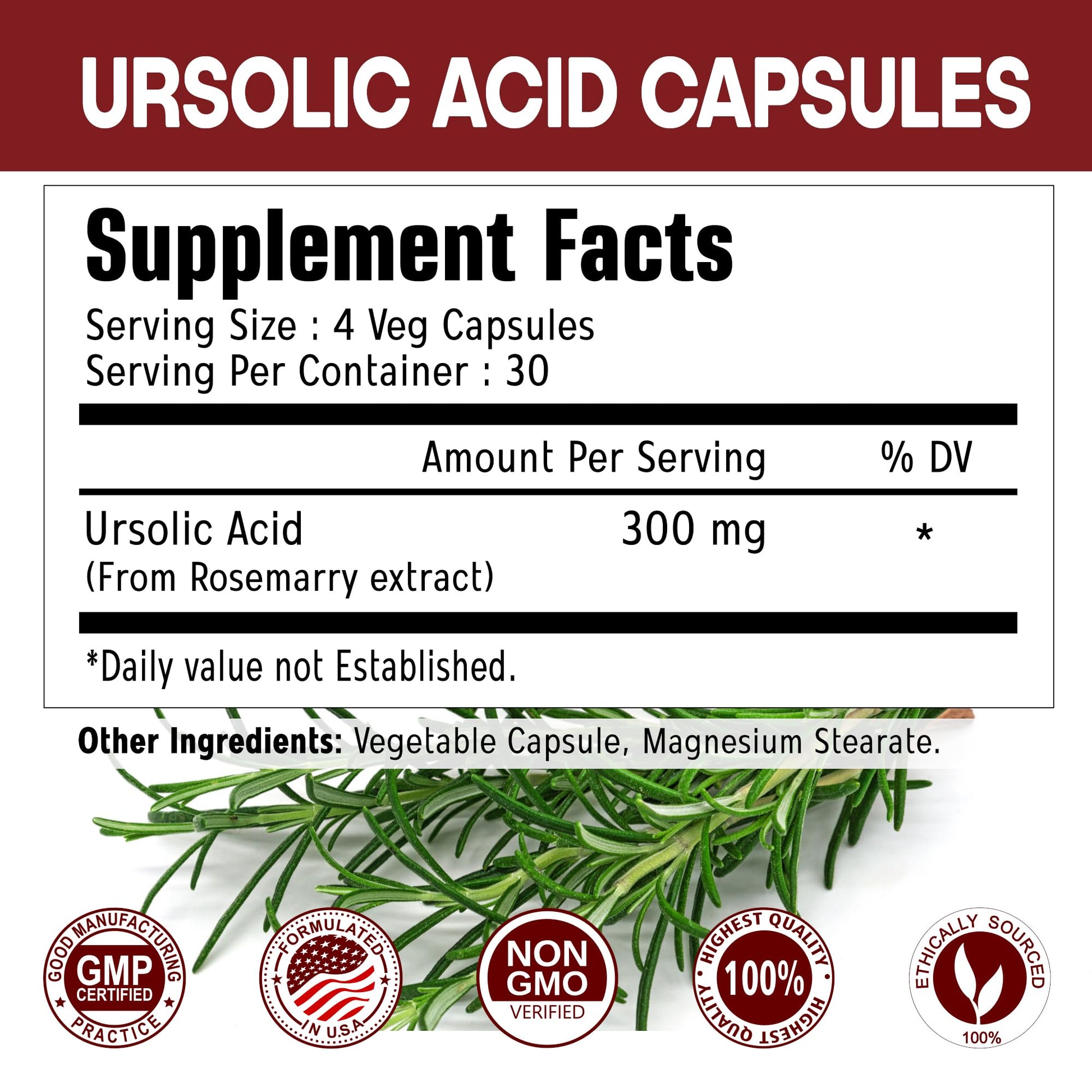 Immortal Herbs Pure Ursolic Acid Supplement 300mg, 120 Pills, Rosemary Leaf Extract Powder, Non-GMO and Gluten-Free Ursolic Acid Capsules for Women and Men Immortal Herbs uk supplements