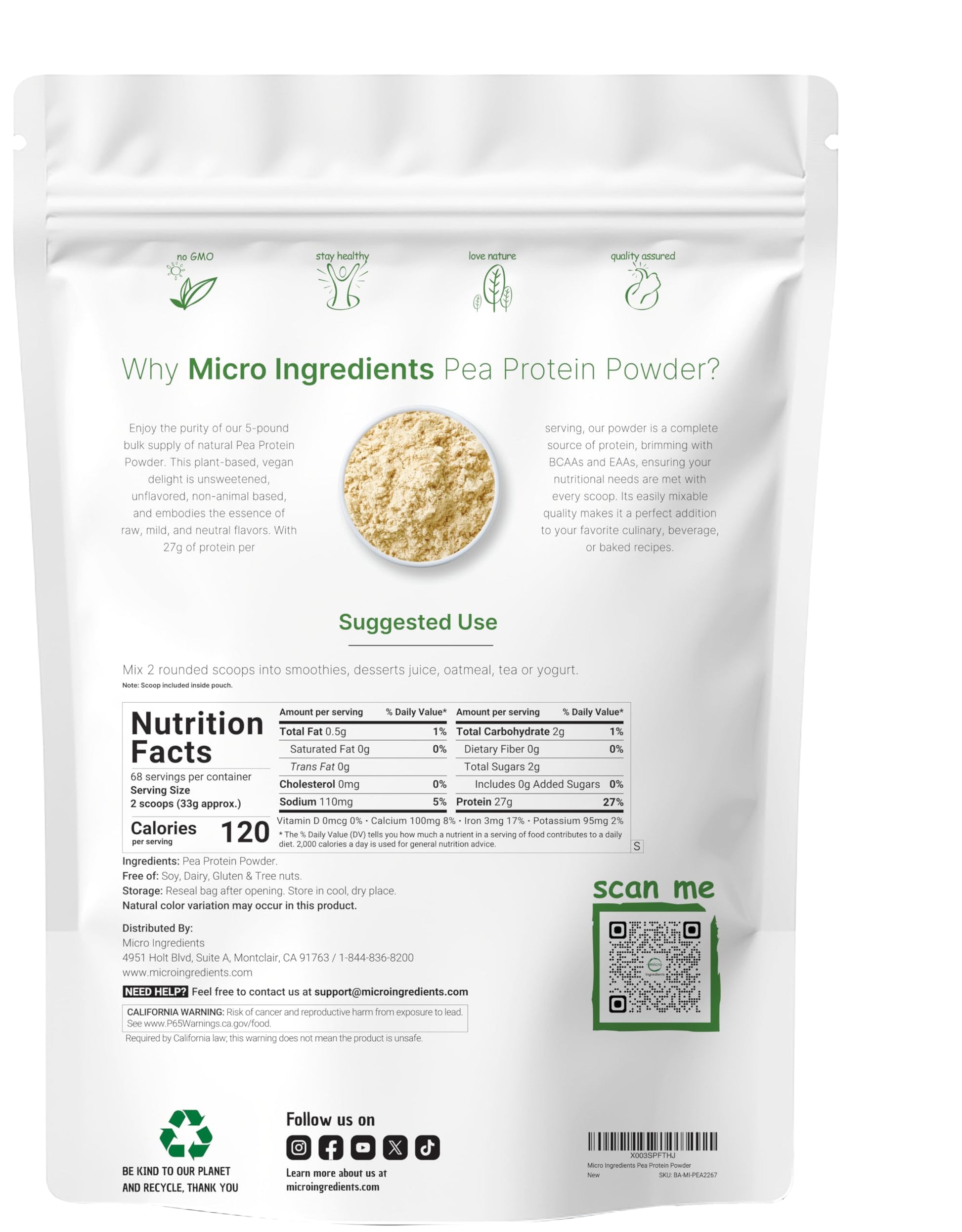 Micro Ingredients North American Grown, Pea Protein Powder, 5 Pounds | Plant Based, Unflavored | Complete Vegan Protein Source with BCAAs & EAAs – 27g Serving | Non-GMO, Keto Friendly Micro Ingredients uk supplements