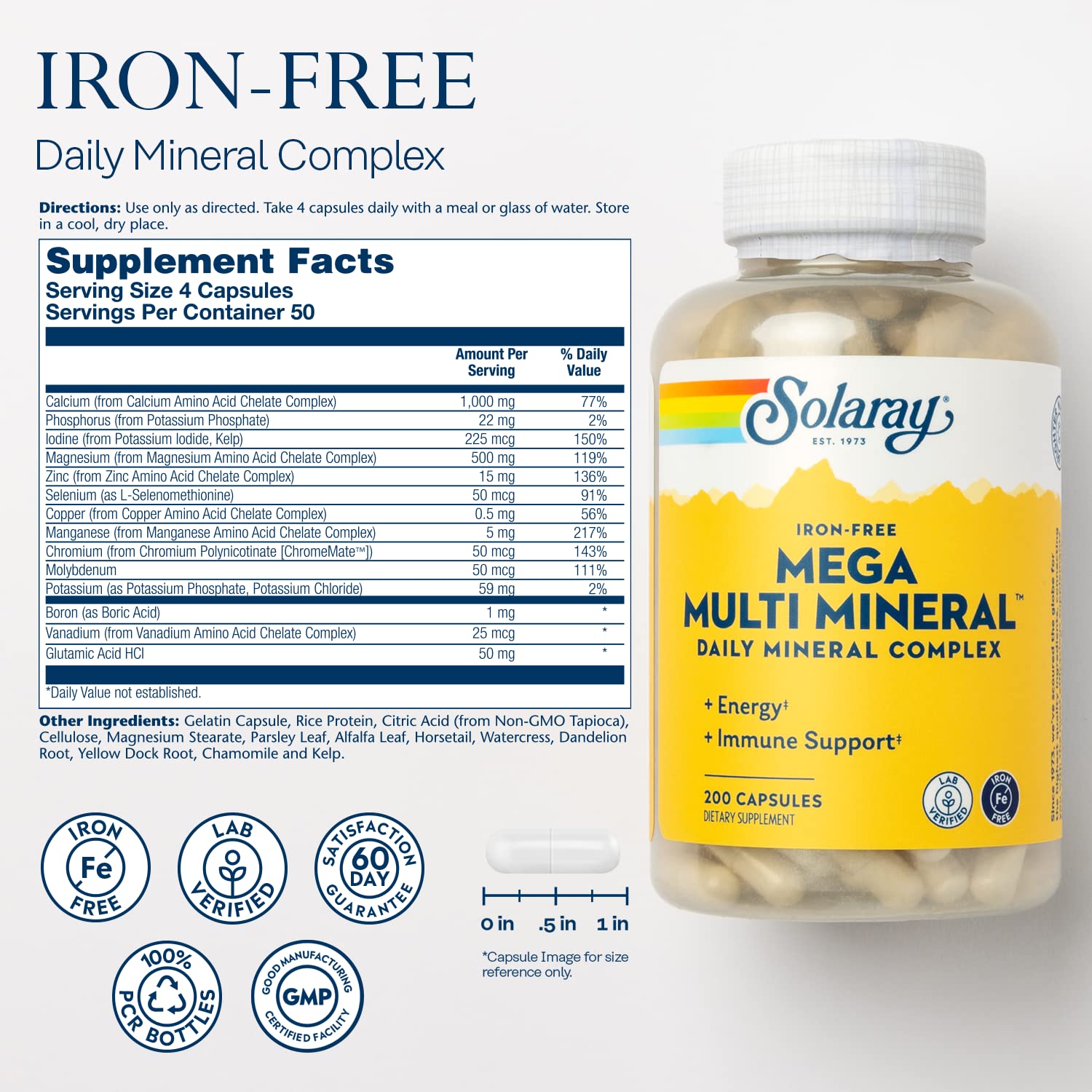 SOLARAY Mega Multi Mineral, Iron Free - Daily Mineral Supplement w/Trace Minerals, Electrolytes, Calcium, Magnesium, Zinc, Selenium, Boron -Cellular Energy, Immune Support, 60-Day Guarantee, 50 Serv SOLARAY uk supplements
