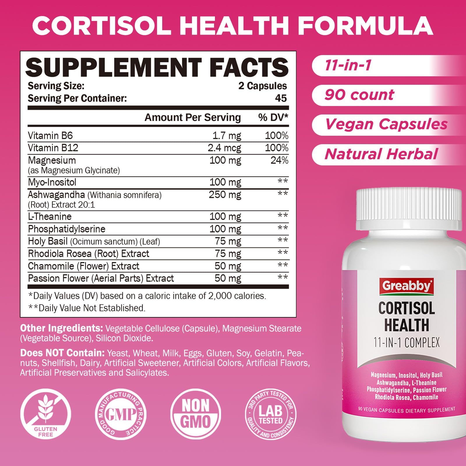 GREABBY Cortisol Supplements for Women, 11-in-1 Formula with Ashwagandha, L-Theanine, Phosphatidylserine and More, Lower Cortisol Health Support, 90 Vegan Capsules GREABBY uk supplements