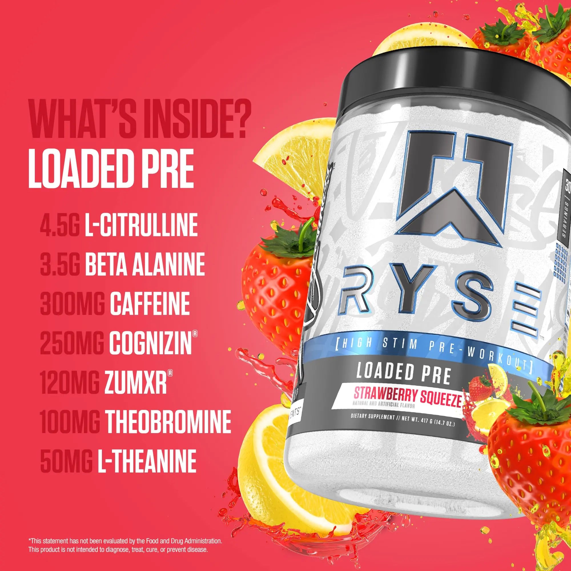 RYSE Loaded Pre Workout Powder - Strawberry Squeeze - Daily Pre-Workout for Men & Women with 390mg Caffeine, Beta Alanine, and Citrulline for Pump RYSE Up Supplements uk supplements