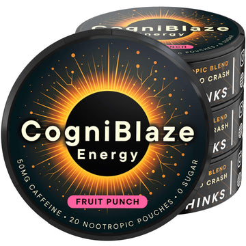 CogniBlaze Caffeine Pouches (Fruit Punch) | Nootropic Energy Pouches with 50mg Caffeine, Alpha GPC, L-Tyrosine & L-Theanine | Zero Sugar | No Artificial Sweeteners | 4 Pack (80 Total) CogniBlaze uk supplements