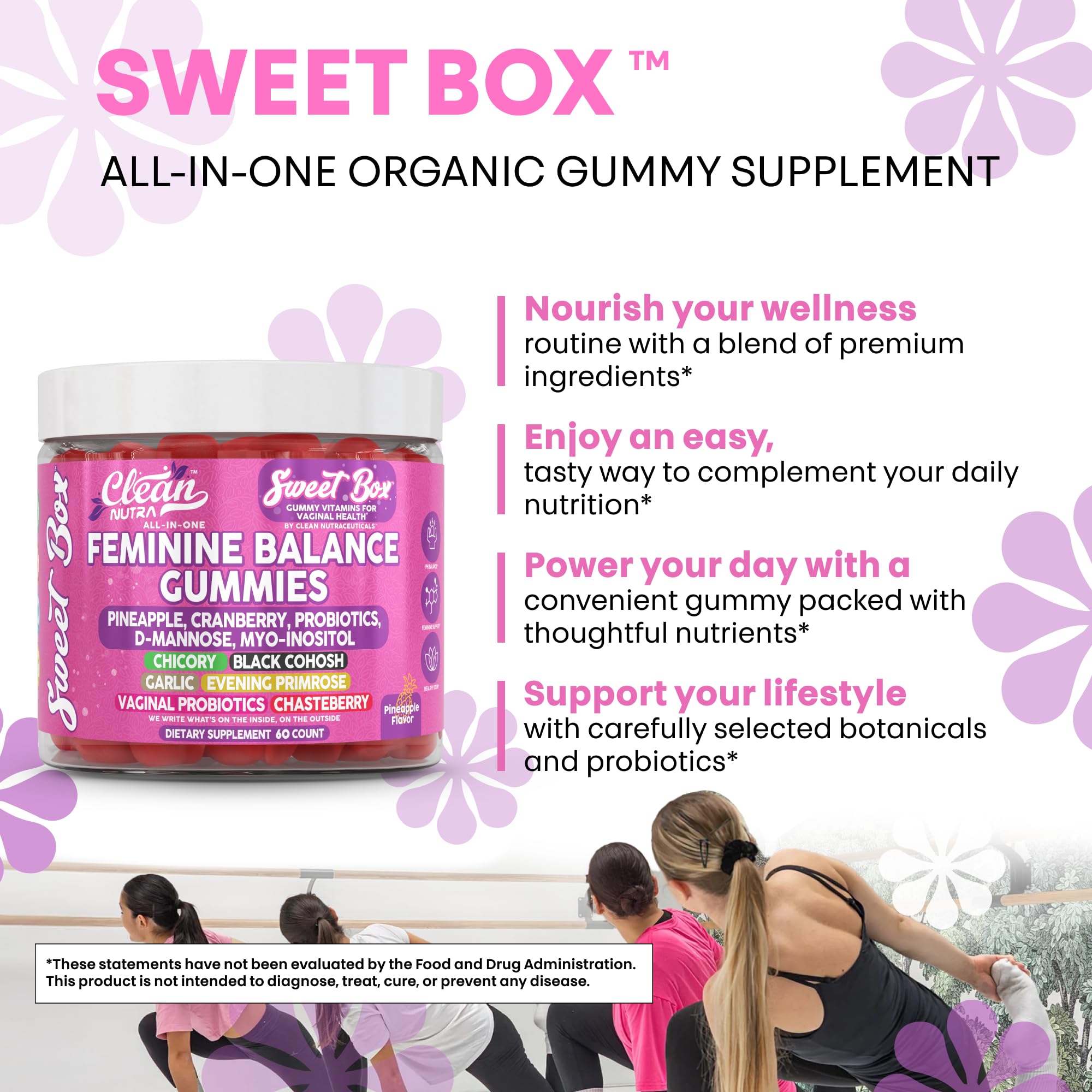 Clean Nutra Feminine Balance Gummies for Women Pineapple VaginalProbiotics pH Balance Cranberry D Mannose Supplement Inositol Black Cohosh Evening Primrose Garlic Vitex GLA Prebiotics Folate 60ct Clean Nutraceuticals uk supplements