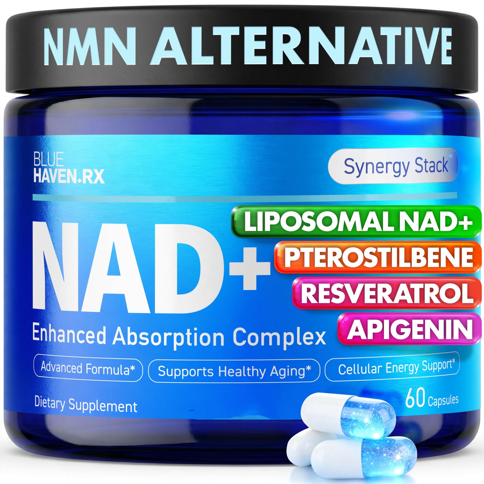 Blue Haven Rx NAD+ Supplement - NMN Alternative with Liposomal NAD+, Trans Resveratrol, Manganese, Apigenin Plus Pterostilbene for Women and Men, Anti Aging Support Blue Haven Rx uk supplements
