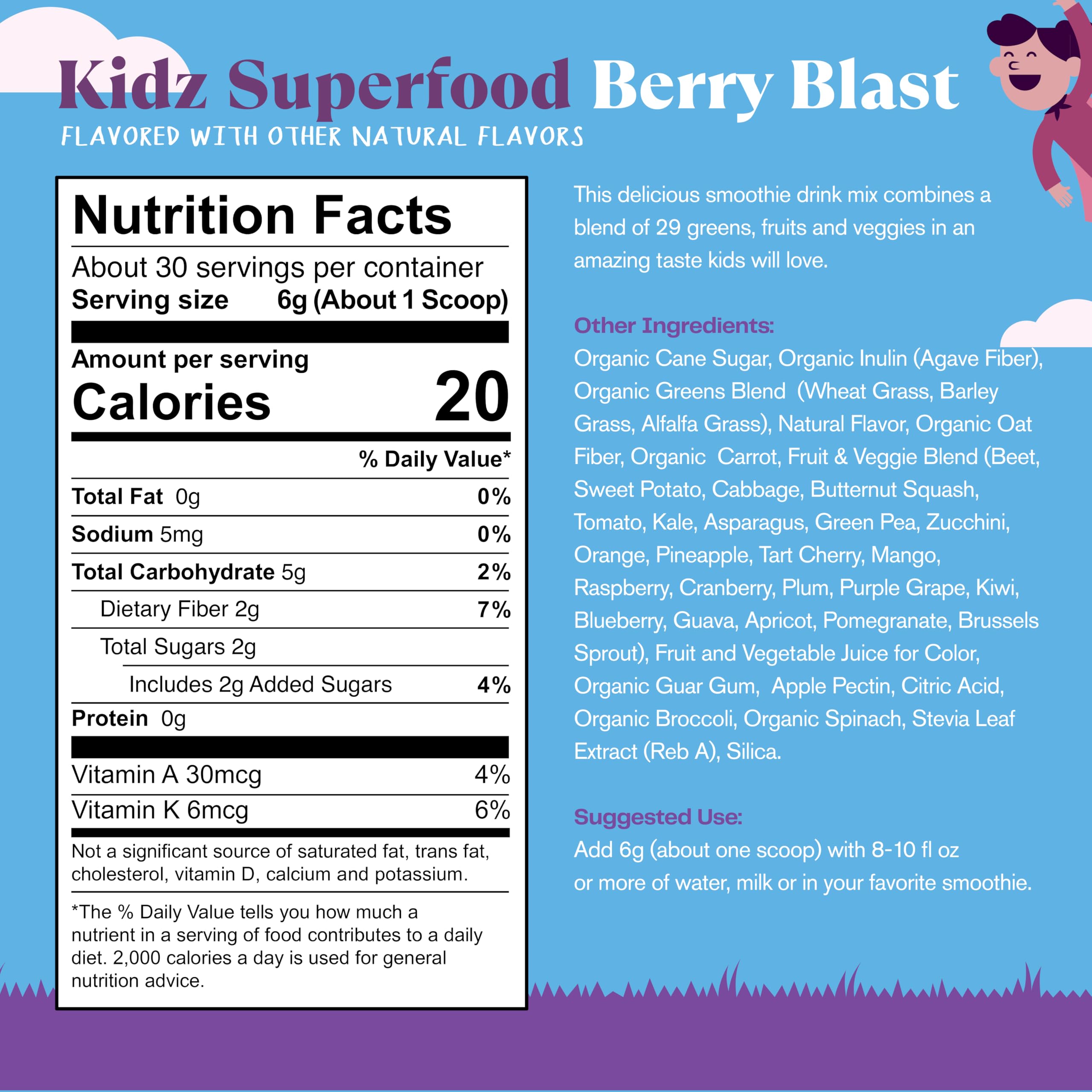 Amazing Grass Kidz Superfood: Organic Greens, Fruits, Veggies, Beet Root Powder & Probiotics for Healthy Kids, Berry Blast, 30 Servings Amazing Grass uk supplements