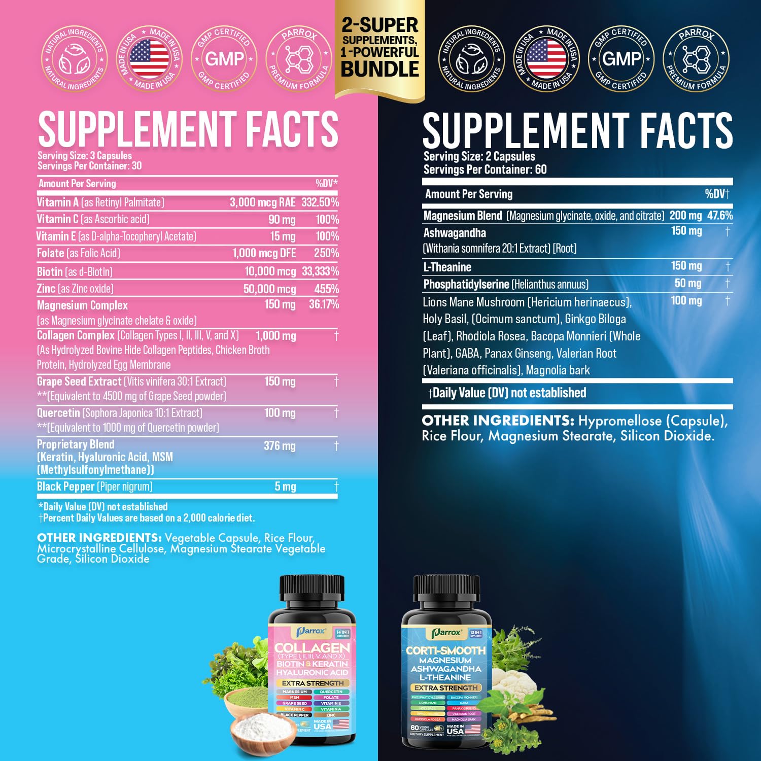 Parrox Shining Serenity Set, Cortisol Support with Ashwagandha, L-Theanine, Magnesium, Lions Mane, GABA, Bacopa Monnieri, Collagen I, II, III, V, X, Folate, Biotin, Keratin, Hyaluronic Acid, Quercetin Parrox uk supplements