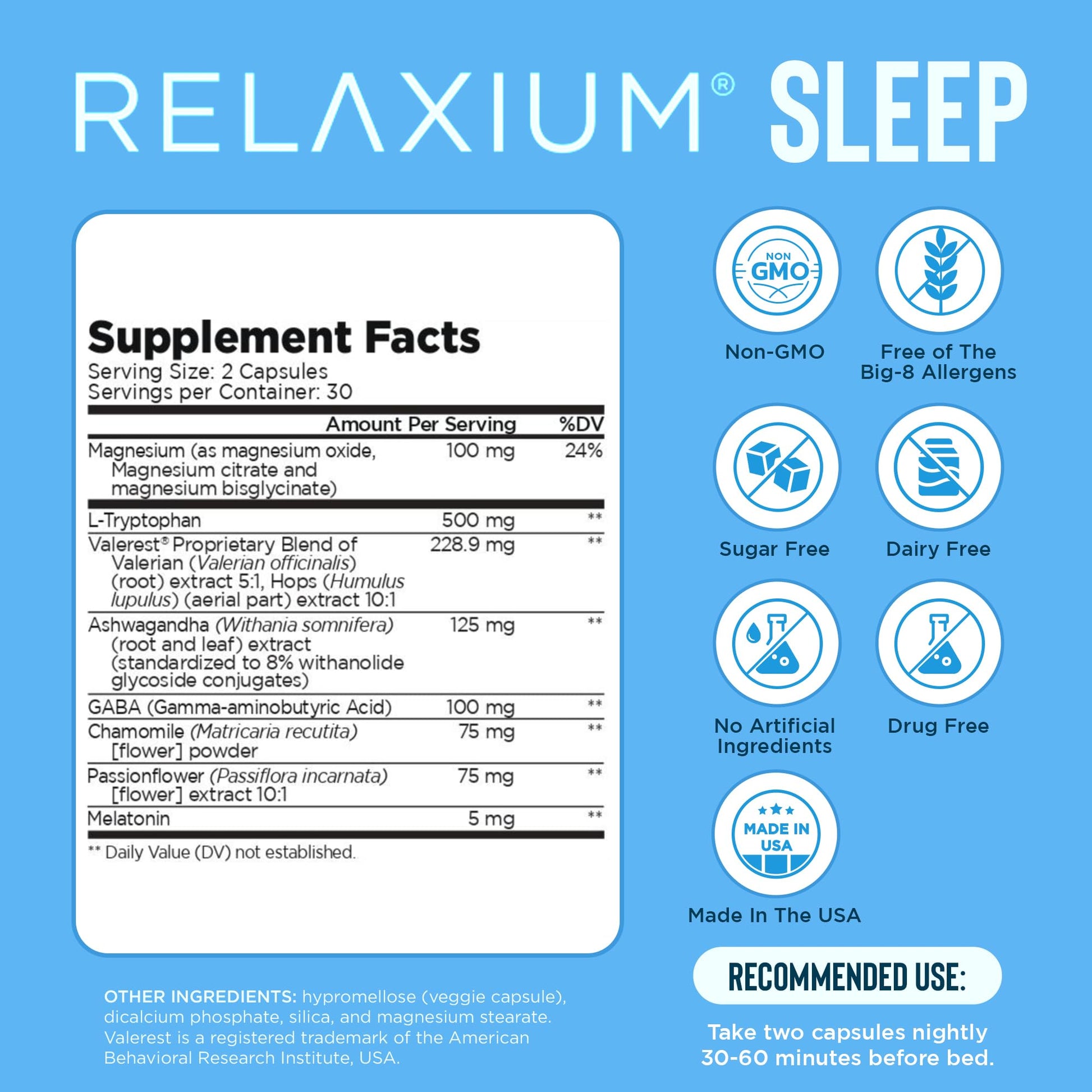 Relaxium Sleep Aid for Adults, Melatonin 5mg with Magnesium Glycinate, Sleep-Promoting Valerest & Ashwagandha, Non-Habit Forming Sleep Supplement, 60 Capsules, 30-Day Supply Relaxium uk supplements