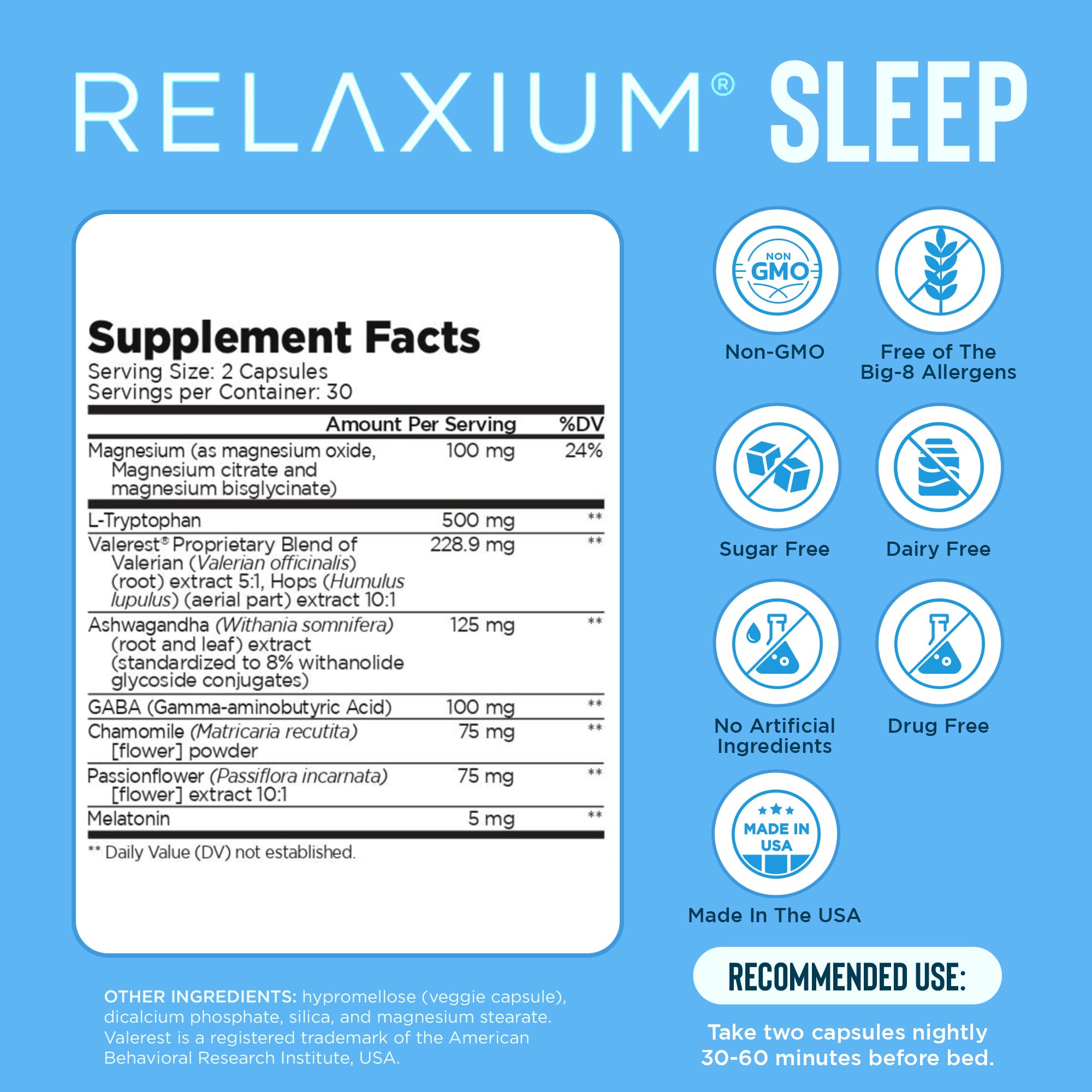 Relaxium Sleep Aid for Adults, Melatonin 5mg with Magnesium Glycinate, Sleep-Promoting Valerest & Ashwagandha, Non-Habit Forming Sleep Supplement, 60 Capsules, 30-Day Supply Relaxium uk supplements