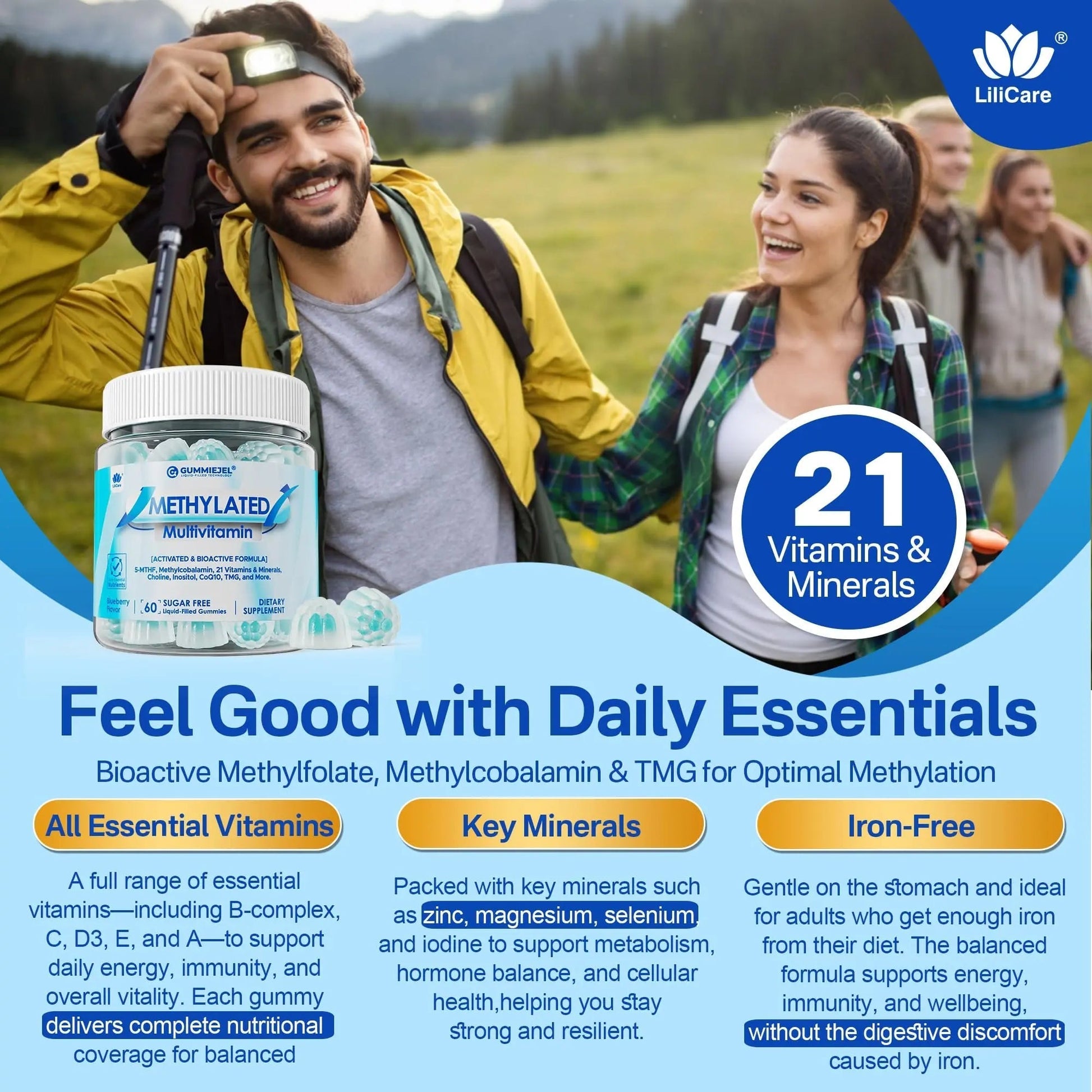 Methylated Multivitamin for Men & Women Gummies + Greens & Mushroom Blend, Methylfolate & B12, TMG, Choline LILICARE uk supplements