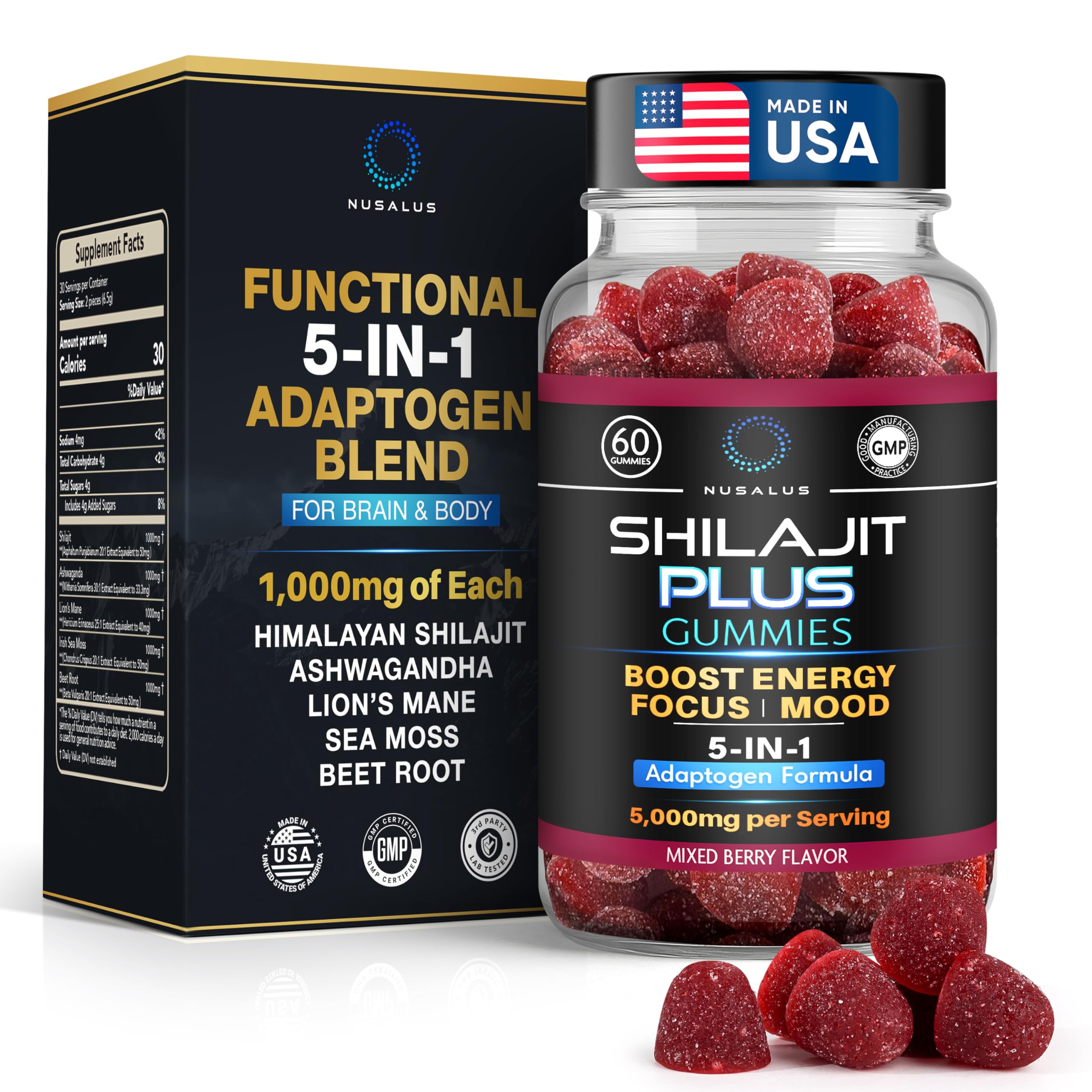 Nusalus Shilajit Plus Gummies – 5-in-1 Adaptogen Energy & Focus Supplement | Shilajit, Ashwagandha, Lion’s Mane, Sea Moss & Beet Root | Natural Energy & Stress Support | Made in USA, Vegan, 60ct Nusalus uk supplements