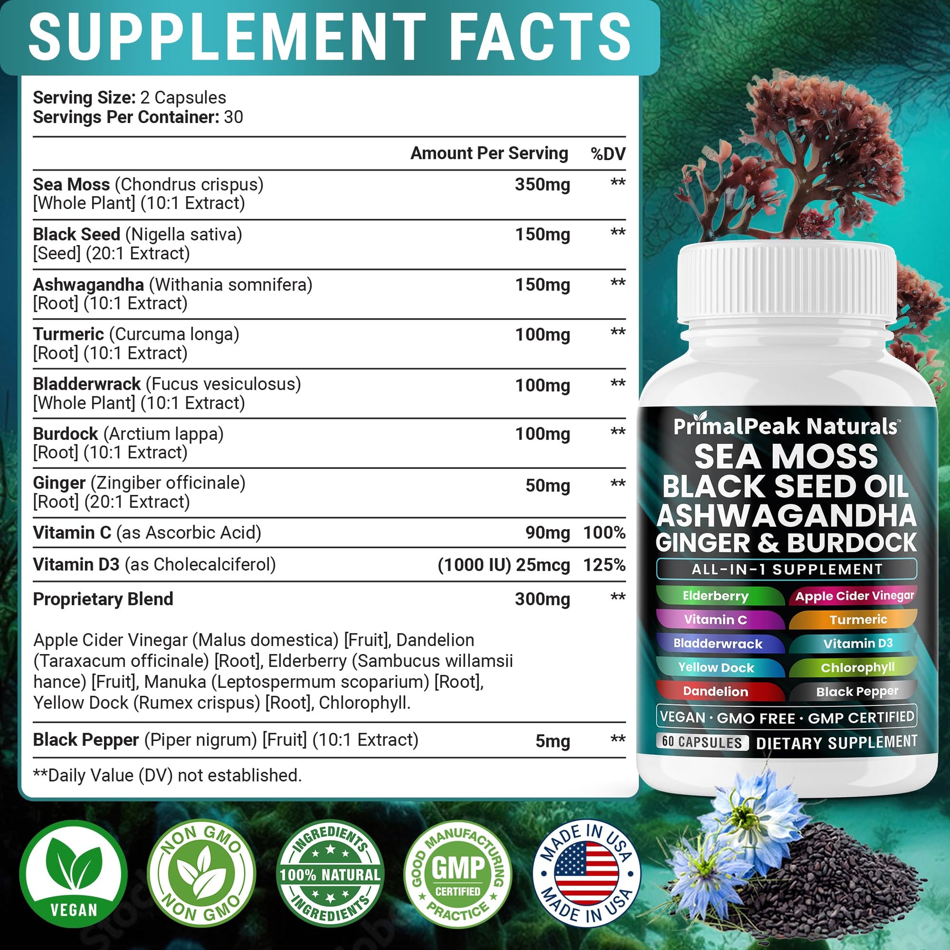 PrimalPeak Naturals Sea Moss Black Seed Oil Ashwagandha Ginger Burdock Bladderwrack Turmeric & Vitamin C Vitamin D3 with ACV Elderberry Chlorophyll Dandelion Yellow Dock Vegan Capsules - 60 Count PrimalPeak Naturals uk supplements