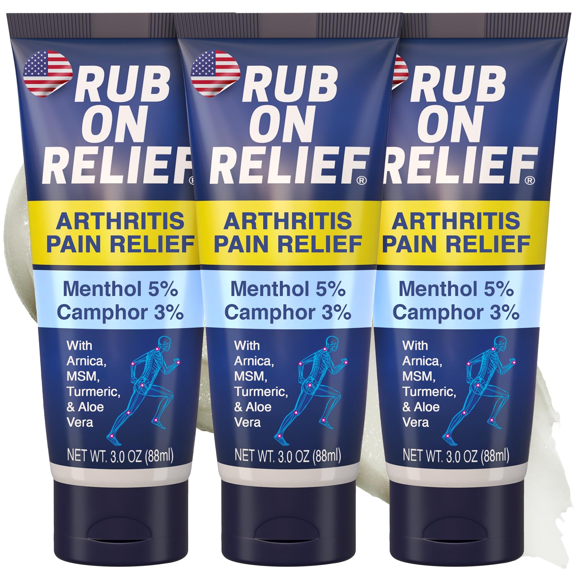 RUB ON RELIEF Arthritis Pain Relief Cream – 10-in-1 Non-Greasy Joints Pain Cream for Knees, Back, Neck, Hands, & Muscle Aches with Menthol, Camphor, Arnica, MSM & Turmeric Up to 8 Hours, 3oz (3 Pack) RUB ON RELIEF uk supplements