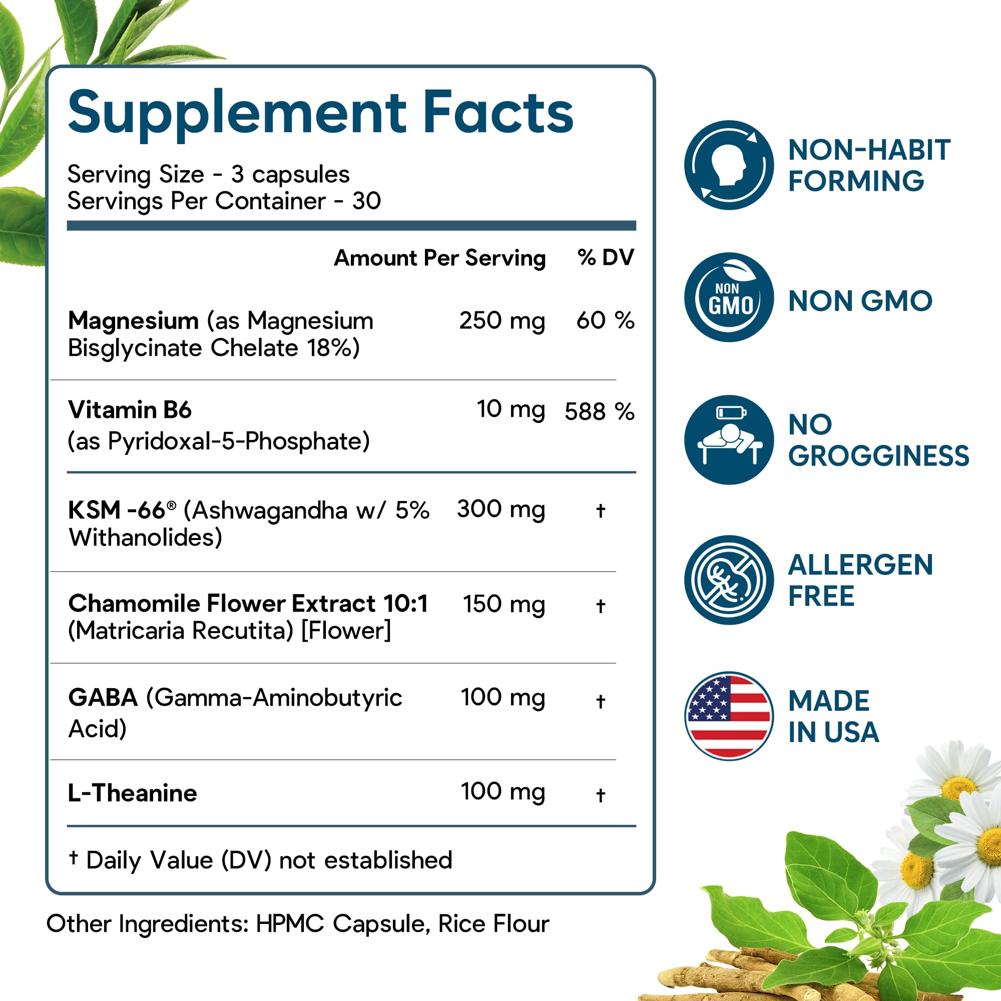 Natural Chelated Magnesium Glycinate Sleep Aid - Melatonin-Free Sleep & Stress Relief with KSM-66 Ashwagandha, GABA, L-Theanine & Chamomile for Muscle Relaxation - Made in USA - 90 Capsules Facime uk supplements