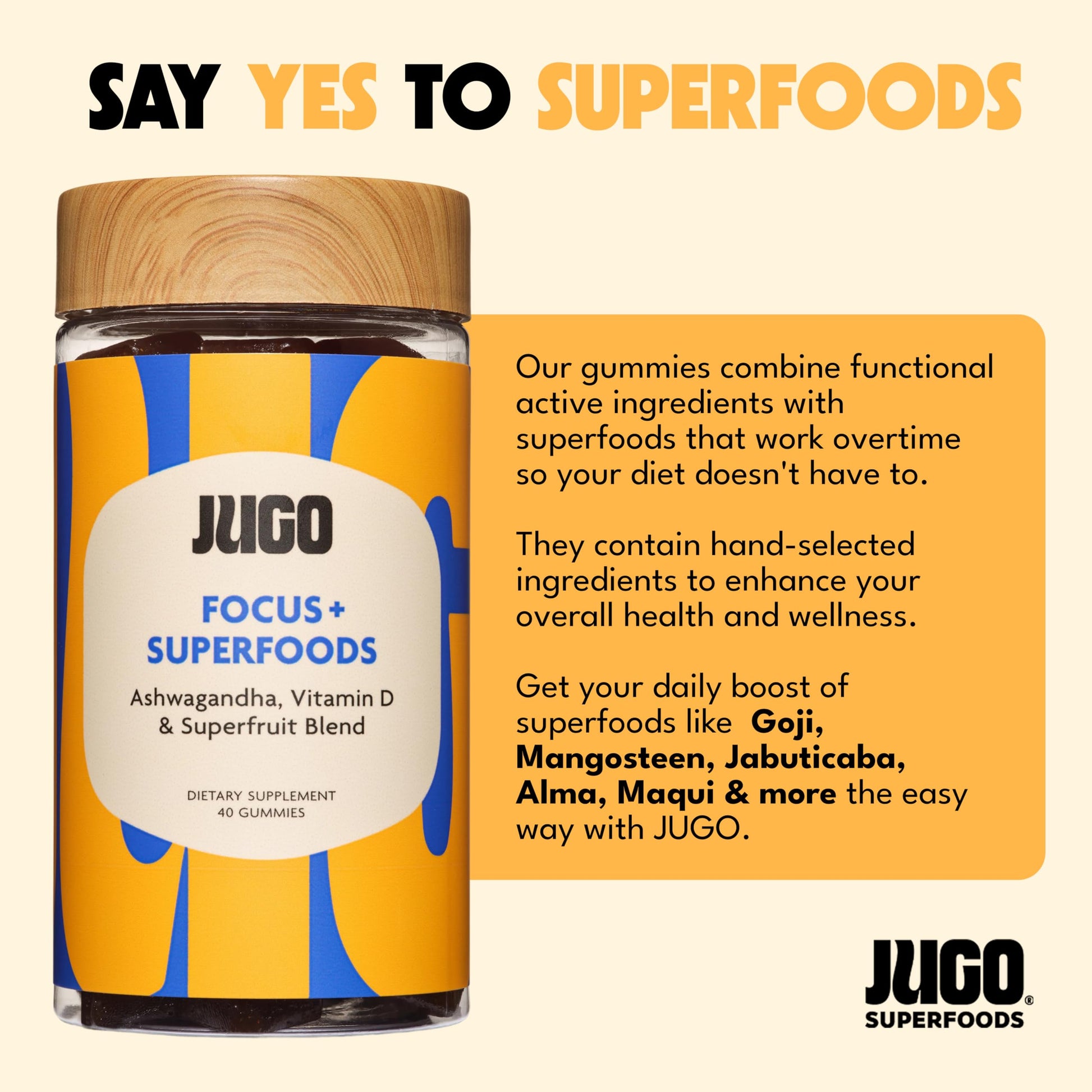JUGO Focus + SUPERFOODS Ashwagandha Gummies with Vitamin D3 & Superfruit Blend, Vegetarian-Friendly Focus Supplement with Adaptogens, Gelatin-Free and Gluten-Free, Non-GMO, Made in USA, 40 Coun JUGO LLC uk supplements