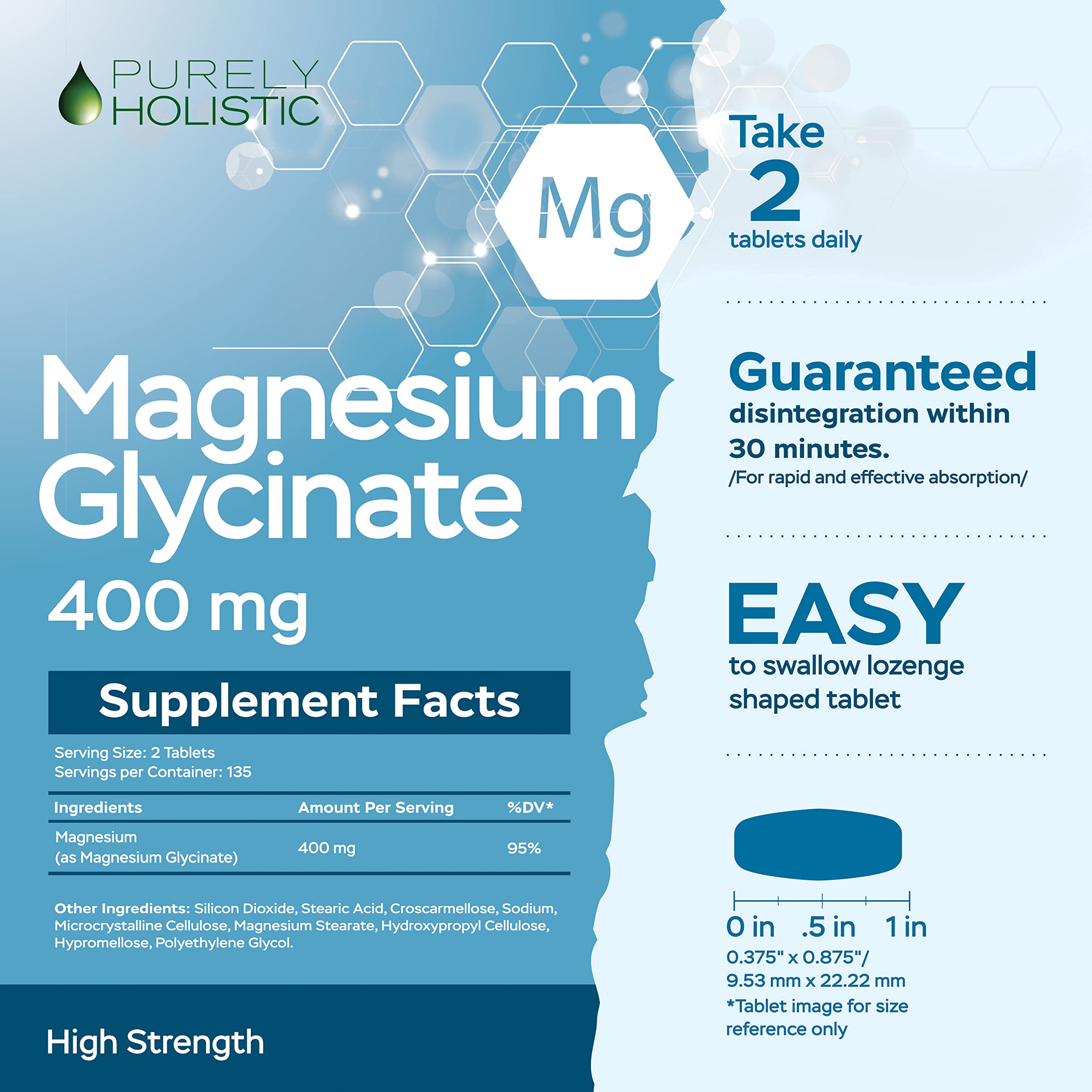 Magnesium Glycinate 400mg - 270 Magnesium Tablets (not Capsules) - 400 mg Elemental Magnesium - Highly Bioavailable - Vegan and Vegetarian - for Improved Sleep, Stress Relief & Cramp Defense Purely Holistic uk supplements