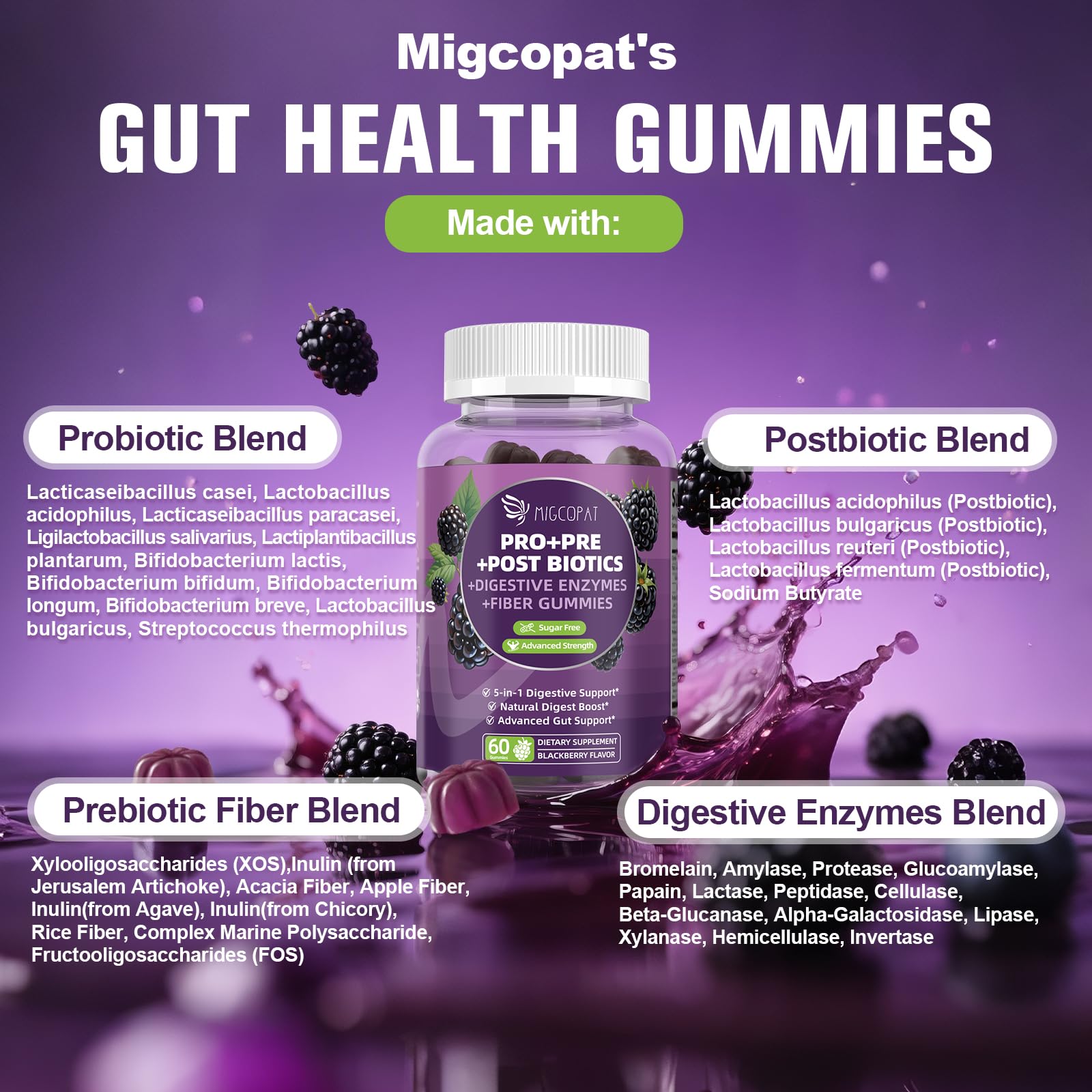 Migcopat Pre Post Probiotics Gummies, 5 in 1 Probiotic Prebiotic Postbiotic Digestive Enzymes with Fiber, 120 Billion CFU Probiotics Complete Gut Support, Sugar Free, Vegan, BlackBerry Flavor, 60 Cts Migcopat uk supplements