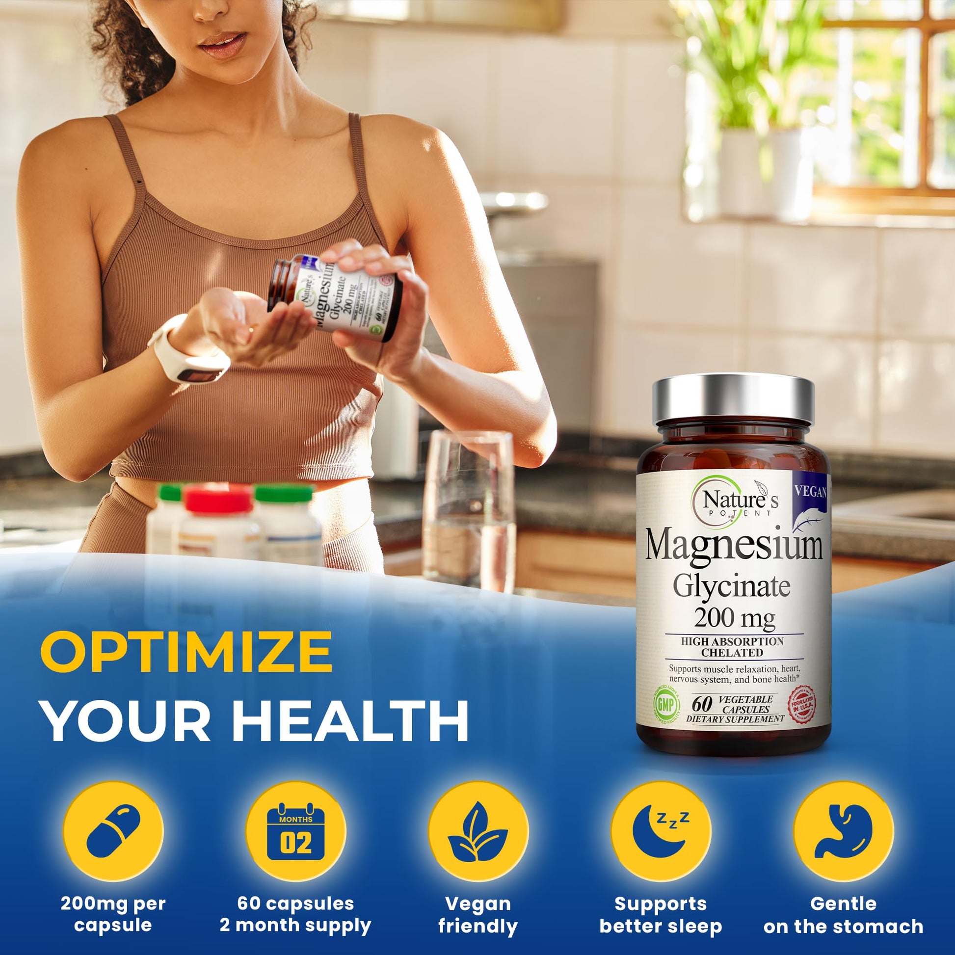 Nature’s Potent Magnesium Glycinate 200mg | High Absorption Chelated Magnesium | Sleep, Calm & Muscle Cramp Support | Vegan Supplement | 60 Capsules Nature's Potent uk supplements