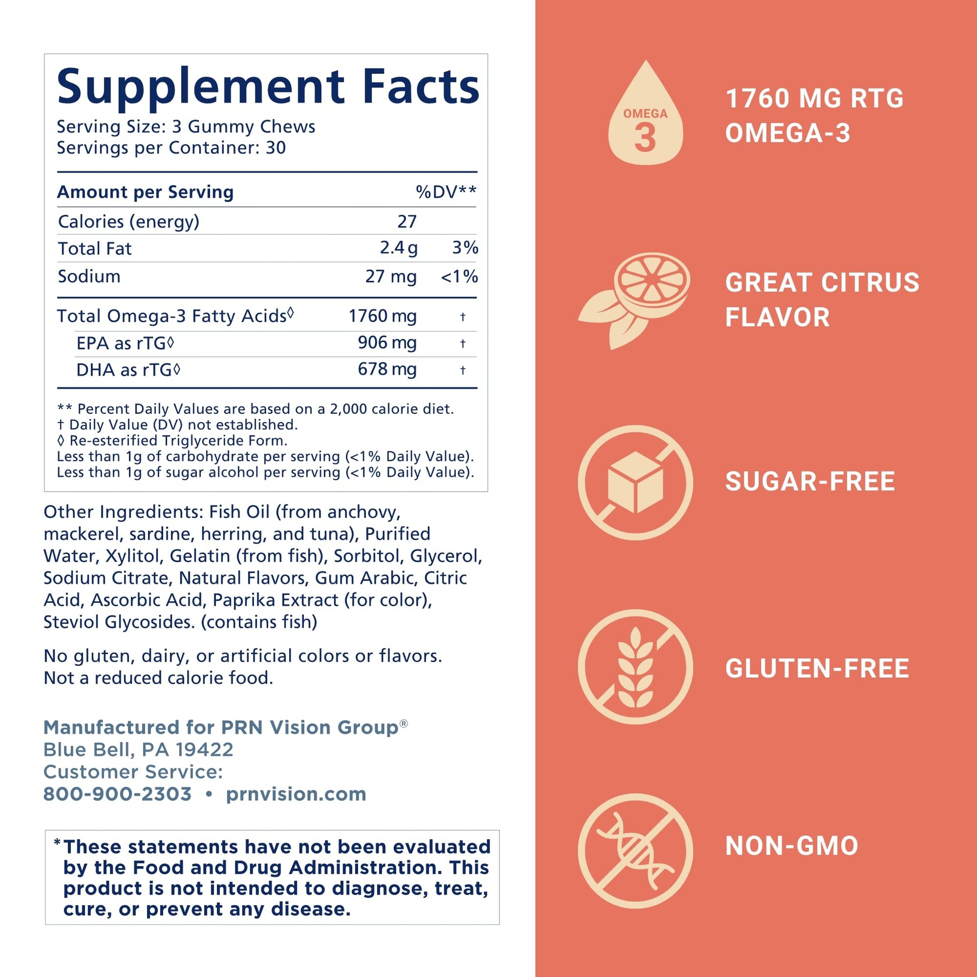 Omega 3 Gummy Chewables - 90 Gel Chews, 30-Day Supply, Citrus Flavor - 1760mg Ultra-Pure rTG Omega 3 for Eye, Heart, Brain, Joint & Immune Health PRN Physician Recommended Nutriceuticals uk supplements