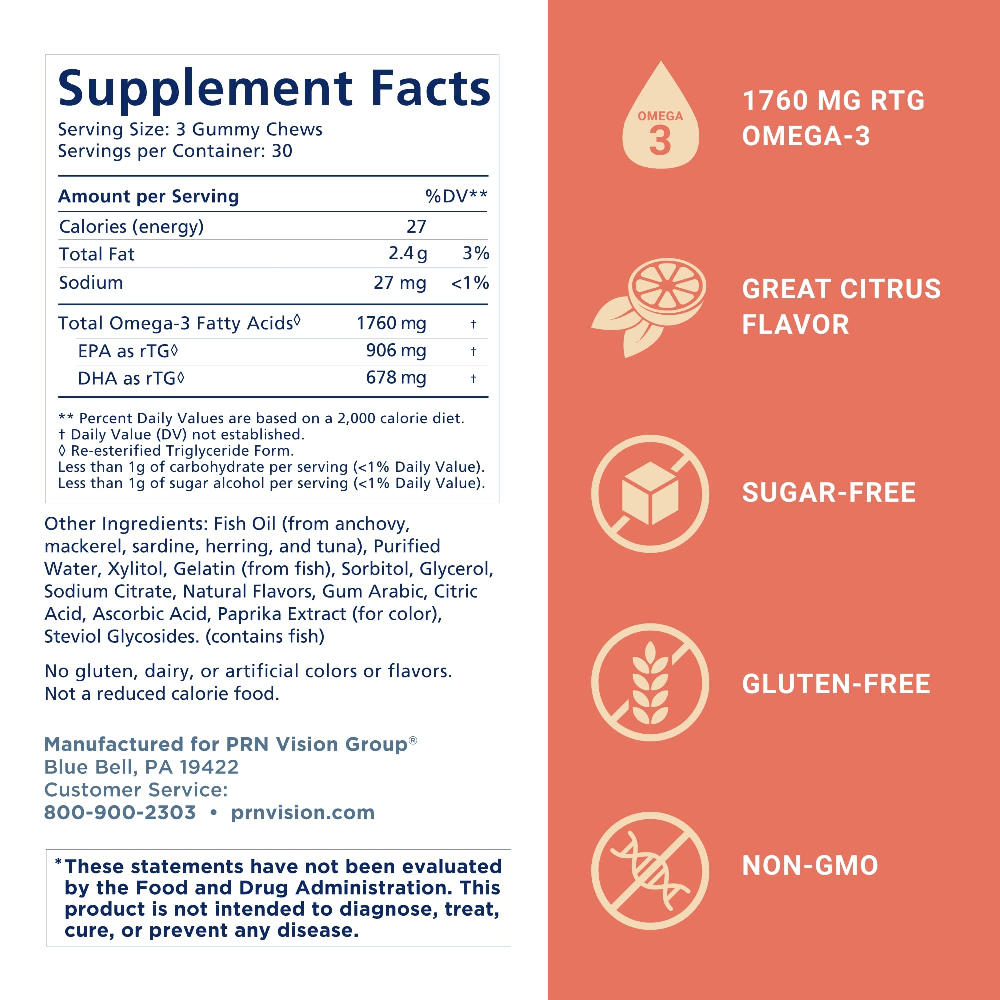 Omega 3 Gummy Chewables - 90 Gel Chews, 30-Day Supply, Citrus Flavor - 1760mg Ultra-Pure rTG Omega 3 for Eye, Heart, Brain, Joint & Immune Health PRN Physician Recommended Nutriceuticals uk supplements
