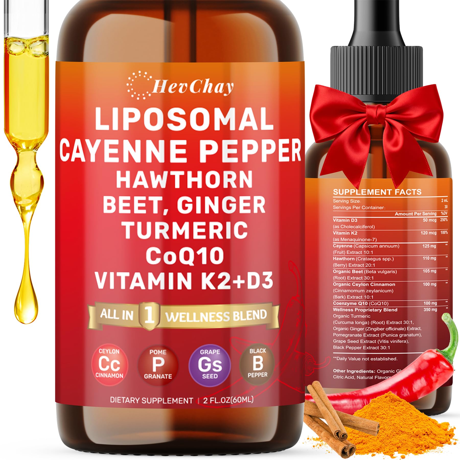 Cayenne Pepper Drops Liposomal Supplement Liquid + Hawthorn Berry, Vitamin D3 K2 Beet Root Powder, Ceylon Cinnamon, CoQ10, Turmeric Curcumin, Cayenne Pepper Extract - 2oz HevChay uk supplements