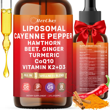 Cayenne Pepper Drops Liposomal Supplement Liquid + Hawthorn Berry, Vitamin D3 K2 Beet Root Powder, Ceylon Cinnamon, CoQ10, Turmeric Curcumin, Cayenne Pepper Extract - 2oz HevChay uk supplements