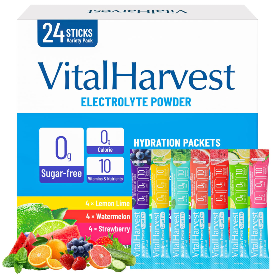 24 Sticks Electrolytes Powder Packets 7 Flavors Sugar Free Hydration Packets Liquid Daily IV Drink Mix, Low Sodium, Lemon Lime, Watermelon, Strawberry, Grape VitalHarvest uk supplements