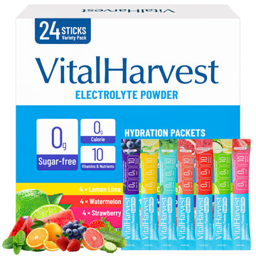 24 Sticks Electrolytes Powder Packets 7 Flavors Sugar Free Hydration Packets Liquid Daily IV Drink Mix, Low Sodium, Lemon Lime, Watermelon, Strawberry, Grape VitalHarvest uk supplements