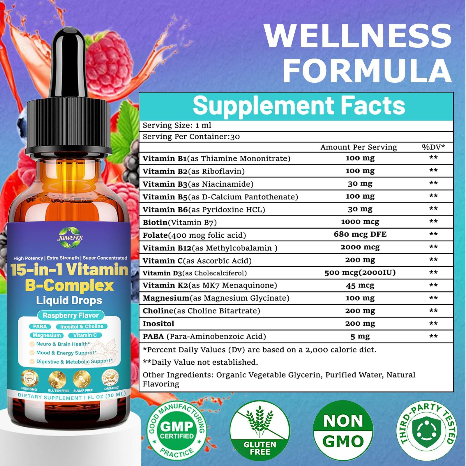 Advanced Vitamin B Complex Liquid Drops for Women Men & Kids, 15-in-1 VIT B Complex with Vitamin C B12 B6 B1 Niacin Folate for Brain Nerve Neuropathy Energy Mood Health, Sublingual B-Complex Drops JUIWEFKK uk supplements