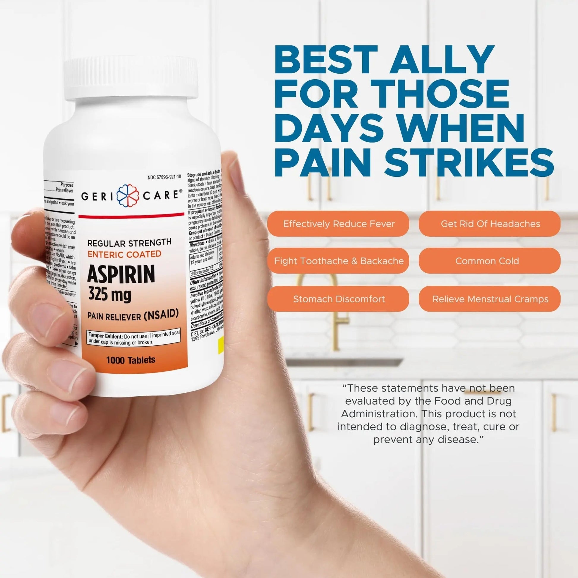 GeriCare Enteric Coated Aspirin Tablets 325mg (1000 Count) NSAID Pain Reliever & Fever Reducer for Adults- Regular Strength Aspirin for Headache Arthritis Menstrual & Muscle Pain GeriCare uk supplements