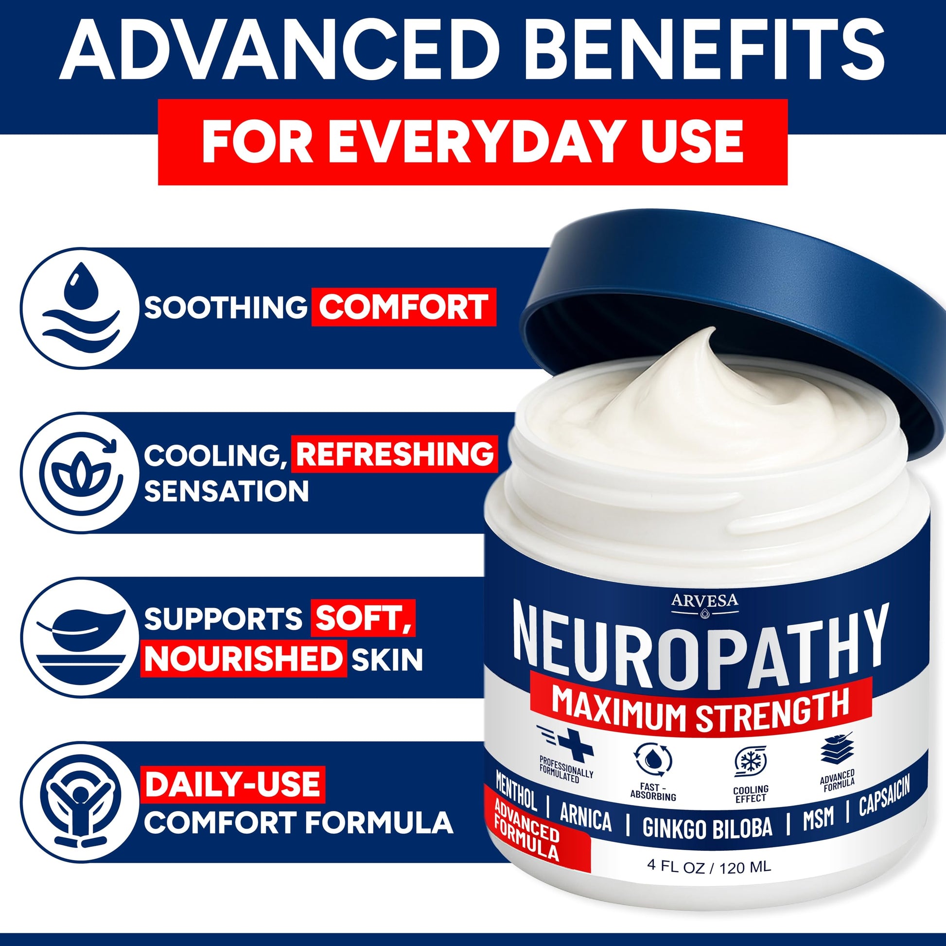 Neuropathy Cream - Maximum Strength - Arnica, MSM, Hemp Seed Oil, Ginkgo Biloba, Capsaicin - Non-Greasy with Cooling Effect - Value Pack - Natural Ingredients - Formulated in USA Arvesa uk supplements