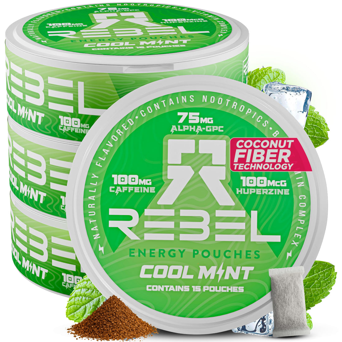 Rebel Nootropic Energy Caffeine Pouches (Cool Mint) • 100mg Caffeine • Alpha GPC • Huperzine A & Essential Vitamins • Sugar-Free • Coconut Fiber Technology • 15 Pouches Per Can (Pack of 4) Rebel Supplements uk supplements