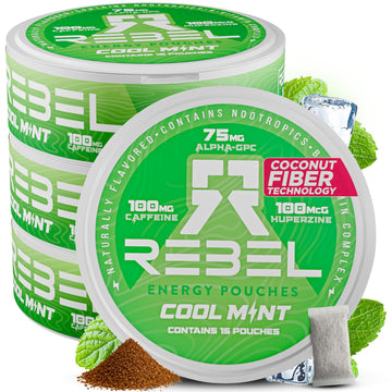 Rebel Nootropic Energy Caffeine Pouches (Cool Mint) • 100mg Caffeine • Alpha GPC • Huperzine A & Essential Vitamins • Sugar-Free • Coconut Fiber Technology • 15 Pouches Per Can (Pack of 4) Rebel Supplements uk supplements