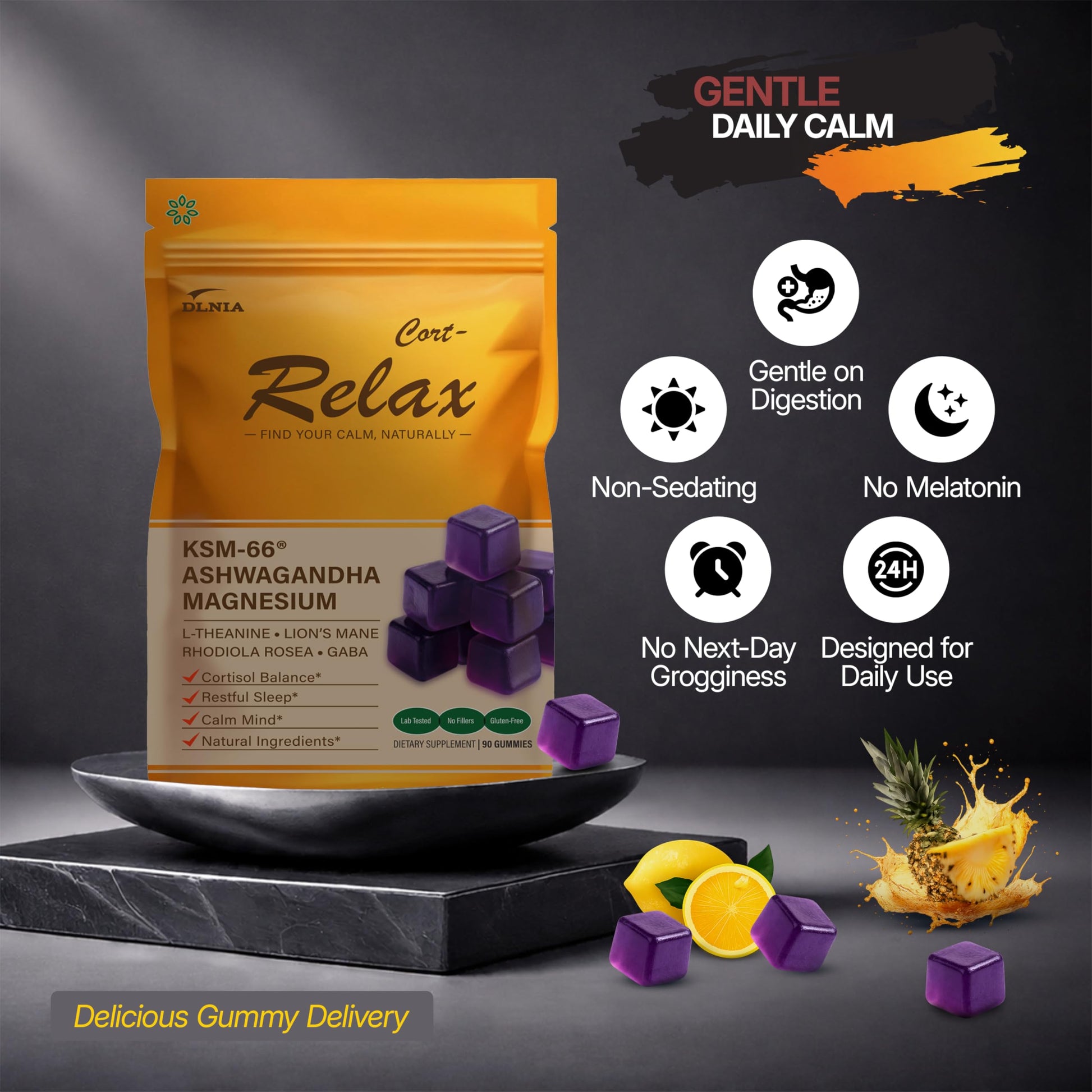 DLNIA Magnesium Glycinate Stress & Cortisol Support Gummies | Calm Focus by Day, Deep Sleep by Night | 17-in-1 with KSM-66® Ashwagandha, L-Theanine & Lion’s Mane DLNIA uk supplements