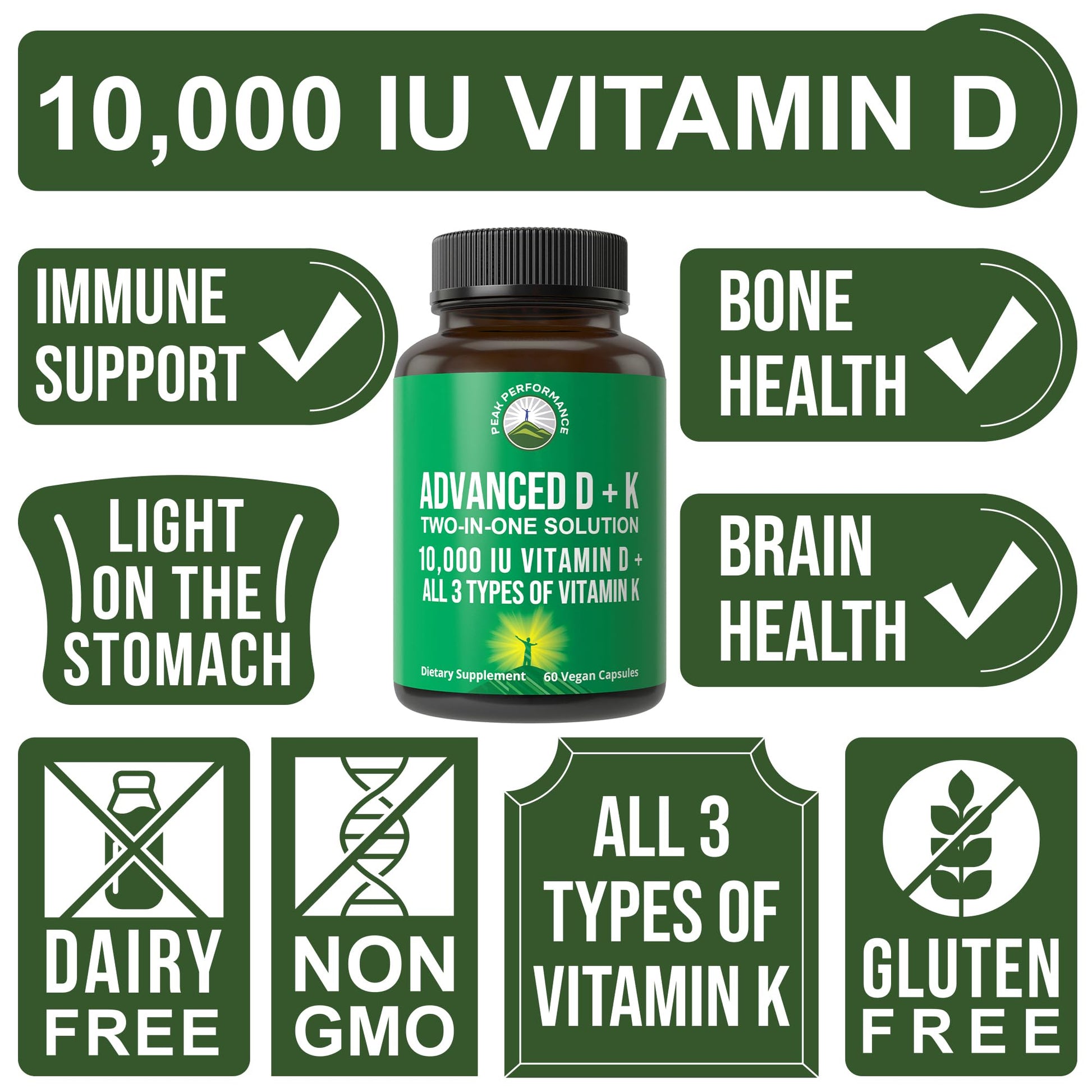 Peak Performance Advanced Vitamin D 10000 IU with All 3 Types of Vitamin K - 10,000 Vitamin D3 and Vitamin K2, K1, MK-7 (MK7), MK4 Capsules Supplement - 60 Small and Easy to Swallow Pills Peak Performance uk supplements