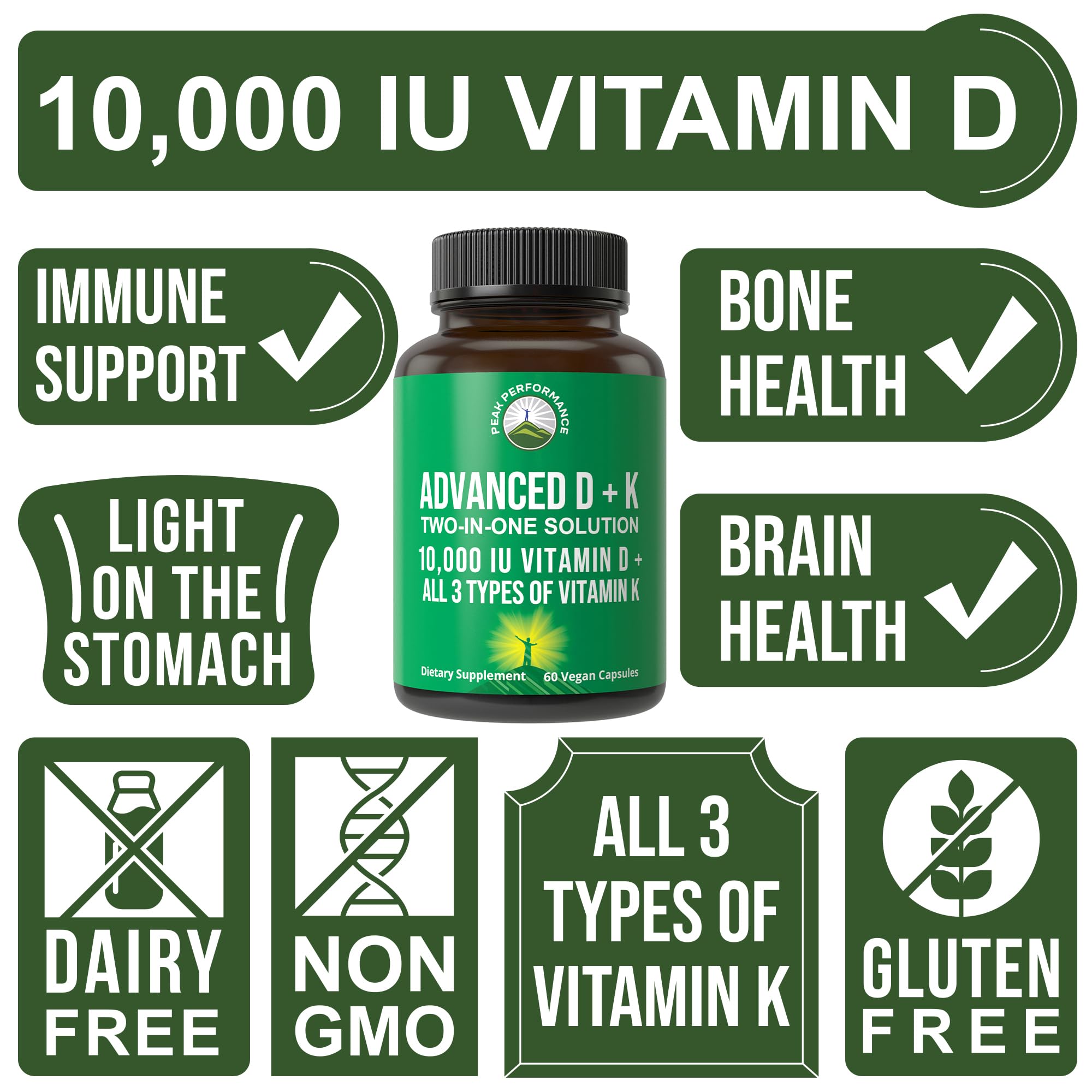 Peak Performance Advanced Vitamin D 10000 IU with All 3 Types of Vitamin K - 10,000 Vitamin D3 and Vitamin K2, K1, MK-7 (MK7), MK4 Capsules Supplement - 60 Small and Easy to Swallow Pills Peak Performance uk supplements