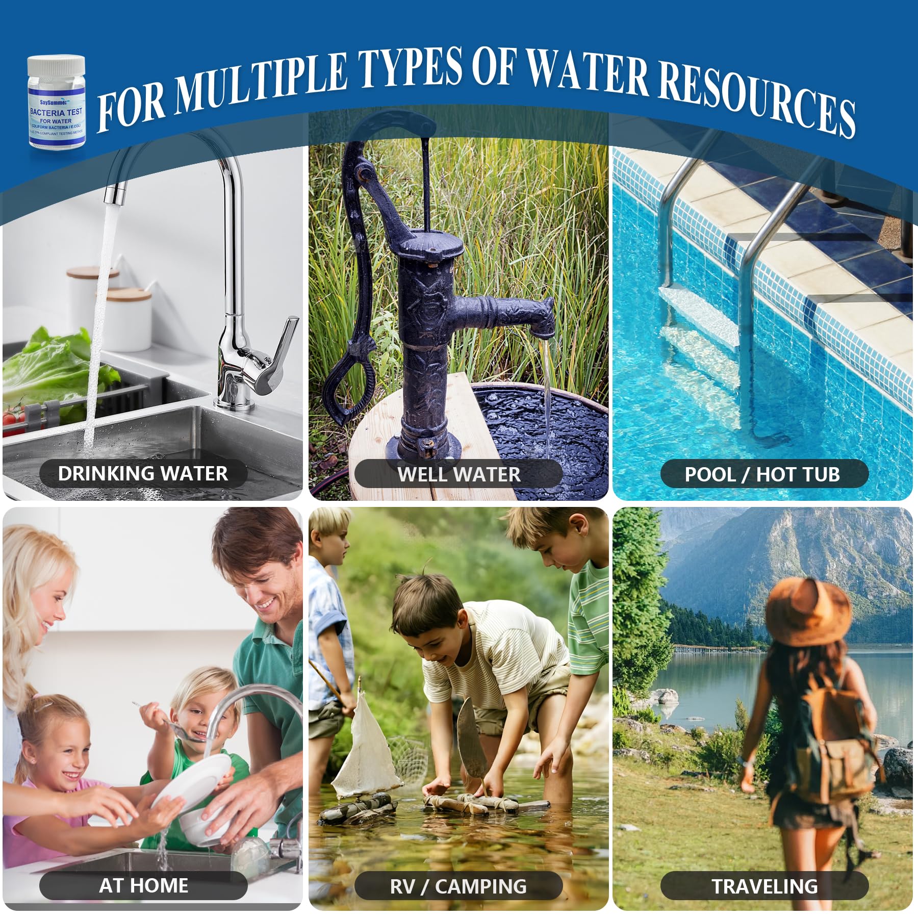 Drinking Water Bacteria Test Kit: 4 Tests Detecting Coliform E coli Bacteria - at Home Well Water Testing Kits for Drinking Water Pool Hot Tub Aquarium and More SaySummer uk supplements