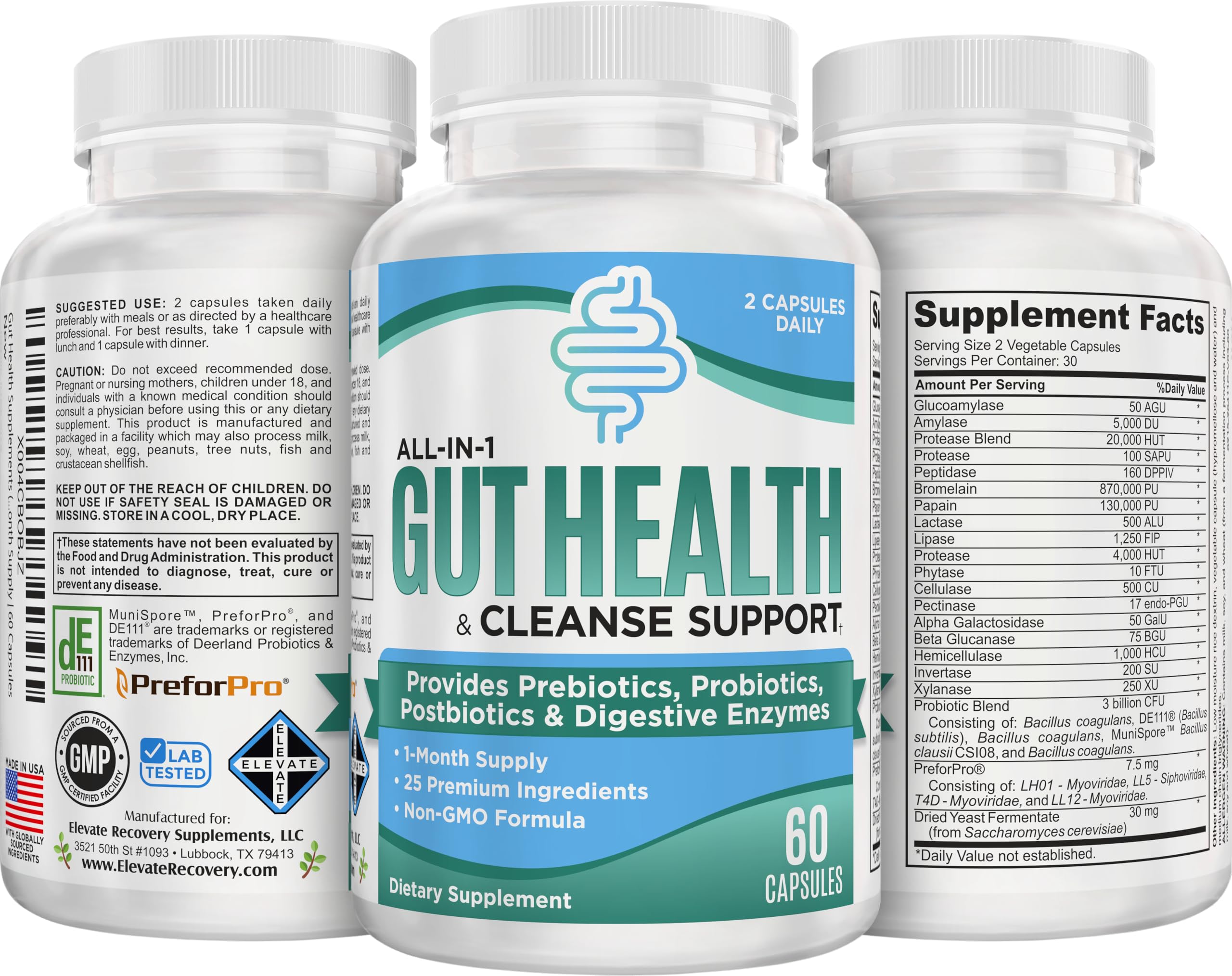 Gut Health Support Supplement (25-in-1) with Prebiotics, Probiotics, Postbiotics & Digestive Enzymes | Gut Supplements | 60 Capsules Elevate Recovery Supplements uk supplements