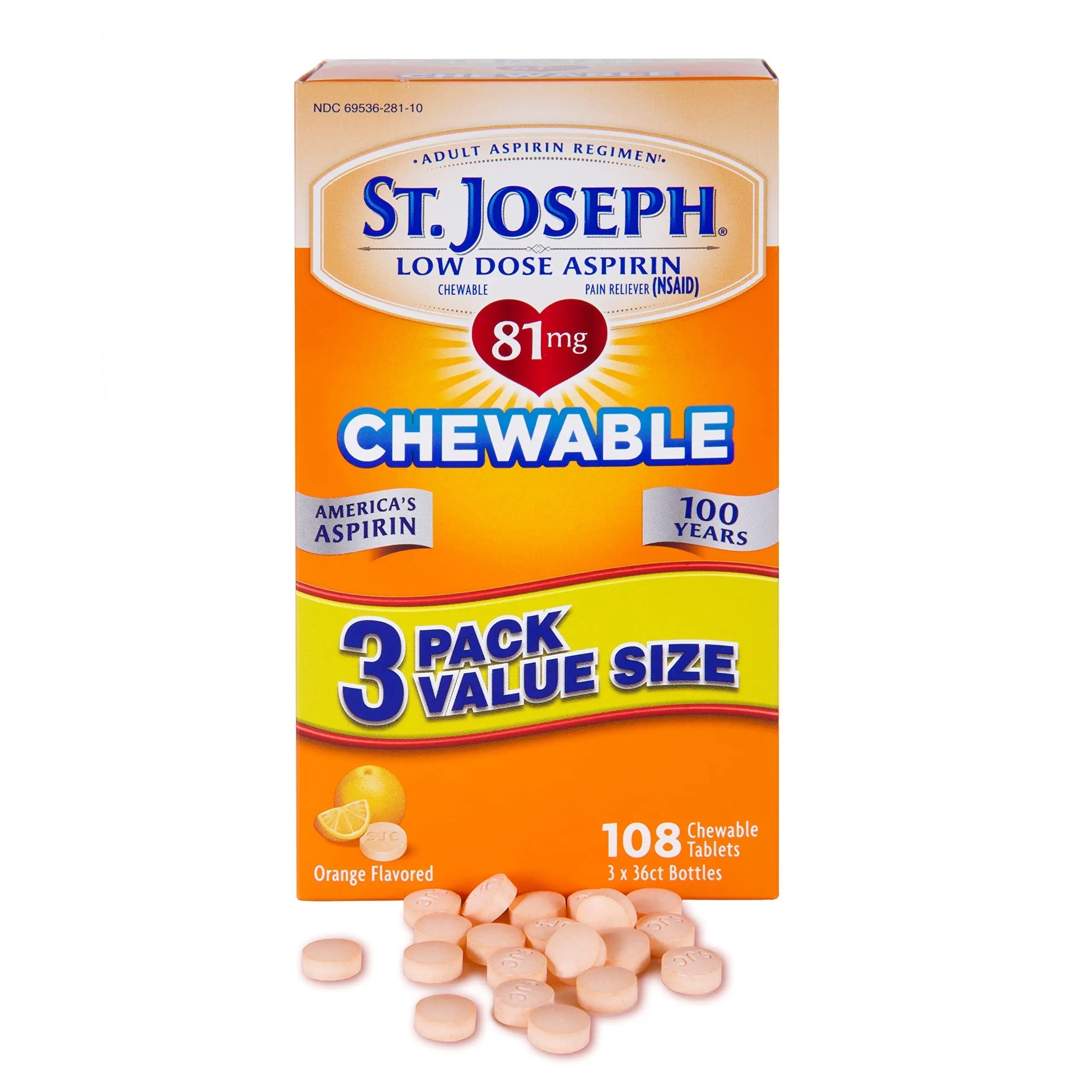 St. Joseph Aspirin Pain Reliever (NSAID) 81mg, Chewable Orange Tablets Adult Low Dose Regimen , 108 ct (3 x 36 ct Tablets per Bottle) St. Joseph uk supplements