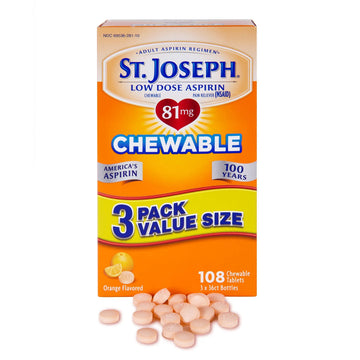 St. Joseph Aspirin Pain Reliever (NSAID) 81mg, Chewable Orange Tablets Adult Low Dose Regimen , 108 ct (3 x 36 ct Tablets per Bottle) St. Joseph uk supplements