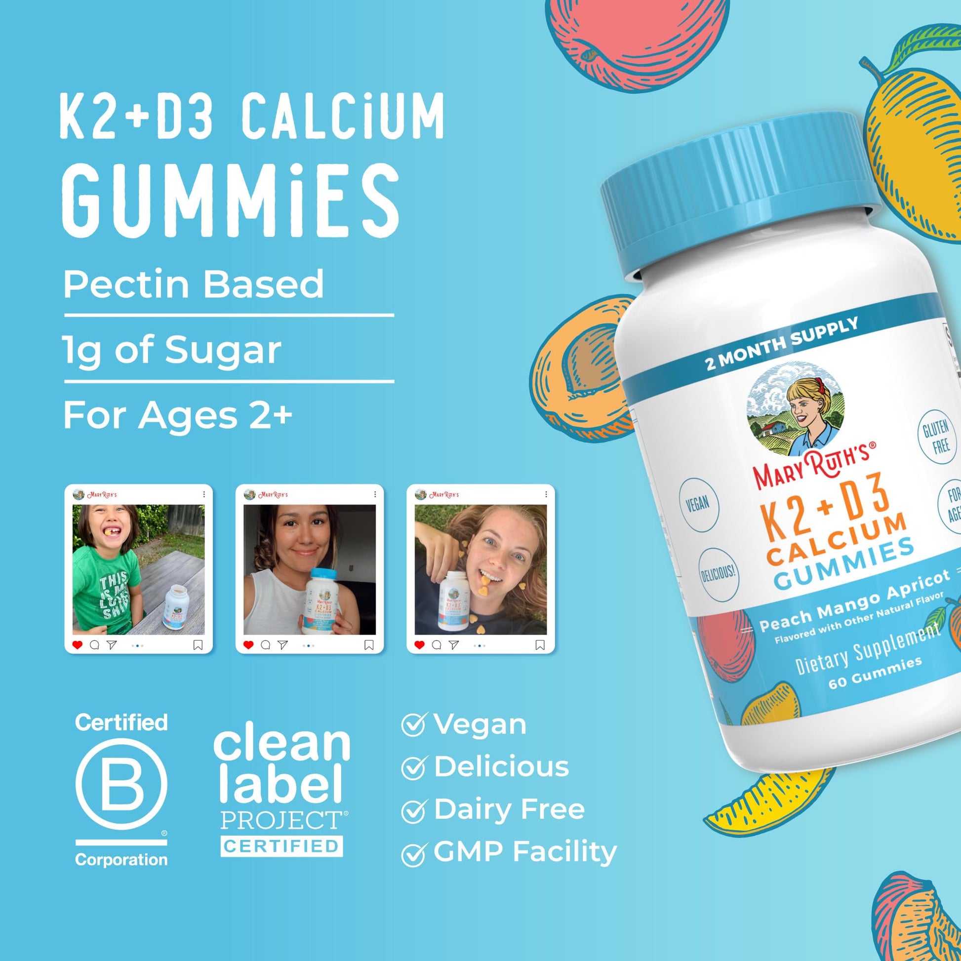 MaryRuth Organics Calcium with Vitamin D & Vitamin K2, 2 Month Supply, Calcium Supplement Supports Bone Health & Joint Support, with Vitamins D3 K2 Gummies, Vegan, Non-GMO, Gluten Free, 60 Count MARYRUTH'S uk supplements