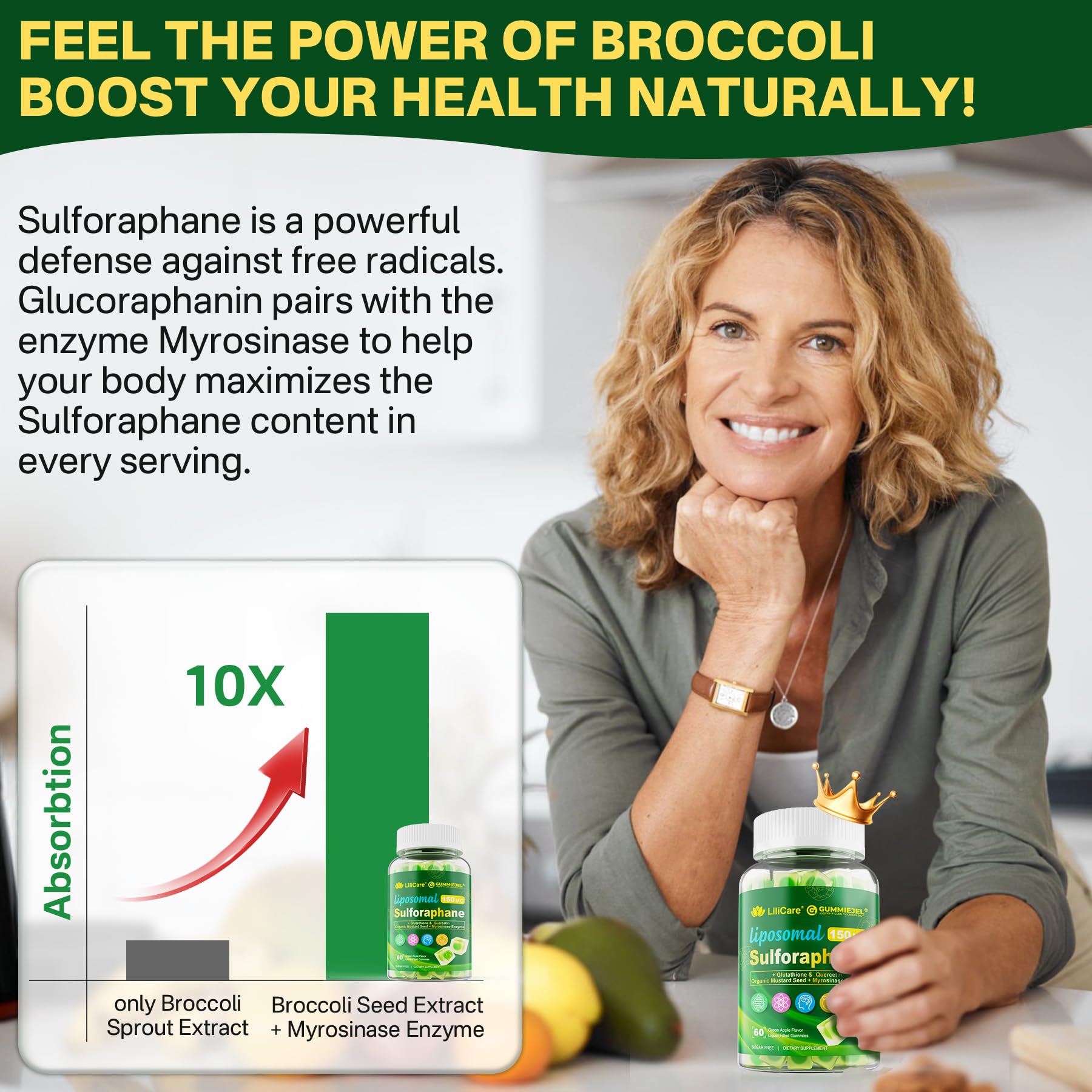 Liposomal Sulforaphane Supplement 150mg, from Broccoli Seed Extract w/Myrosinase, Quercetin, Glutathione, Sulforaphane Supplement Gummies for Antioxidants Detox Cellular Brain Health, Chewable 60Cts LILICARE uk supplements