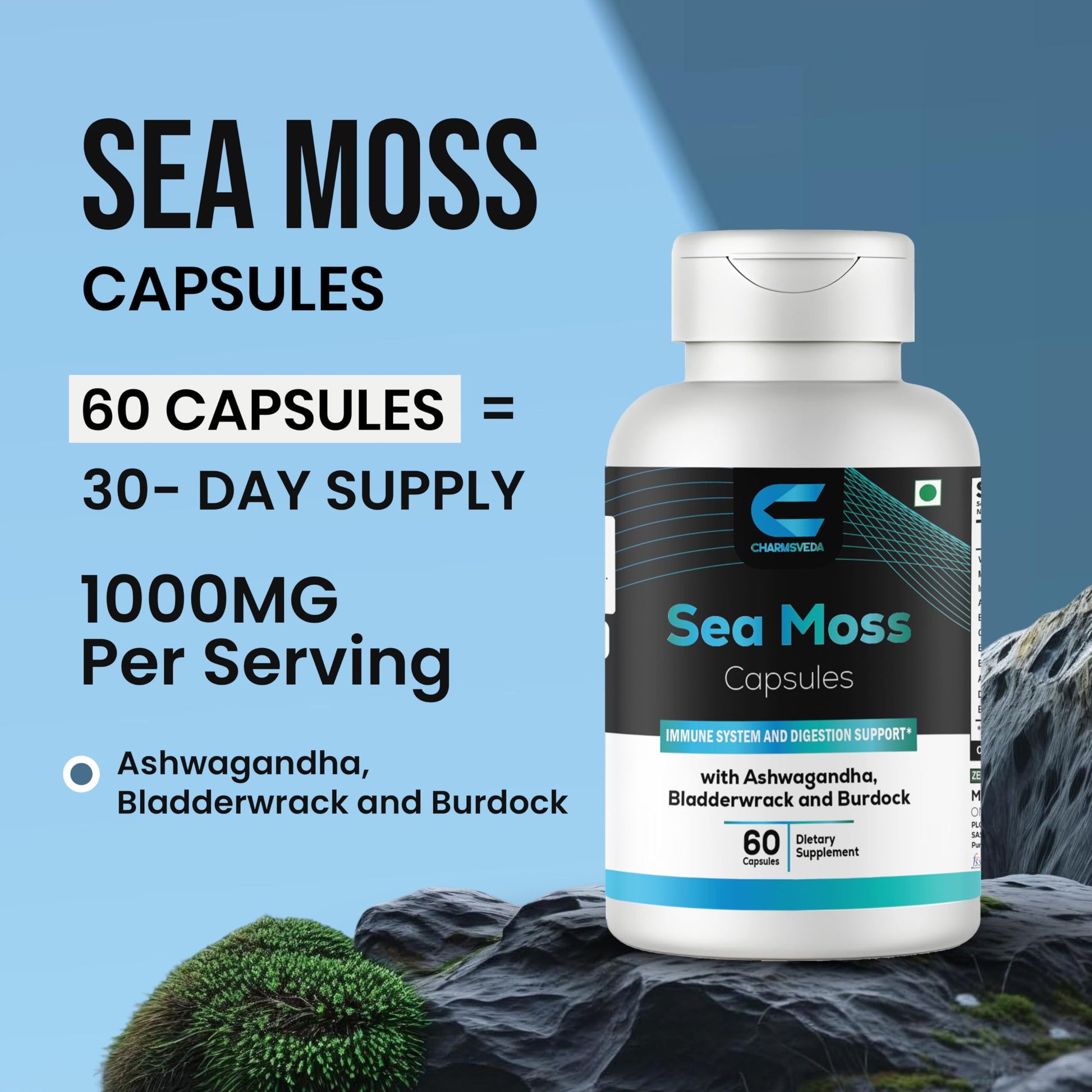 CHARMSVEDA Sea Moss Capsules with Ashwagandha, Bladderwrack & Burdock – Overall Wellness & Immune Support, Support Digestive & Gut Health* – 60 Vegan Capsules CHARMSVEDA uk supplements